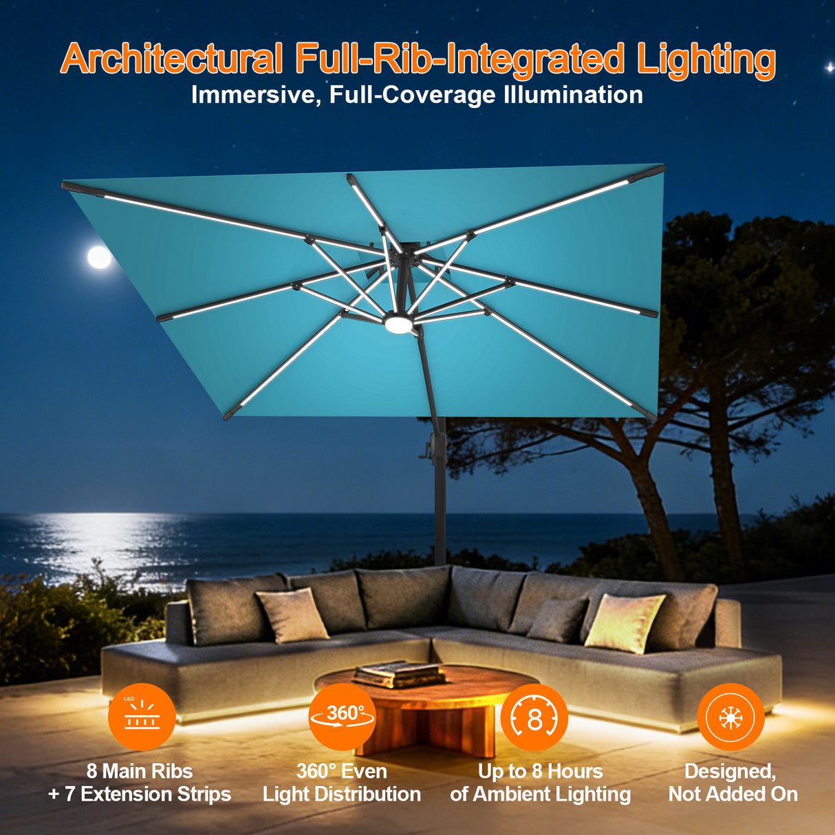 Patioslife Aegis Premium Cantilever Umbrella with Full-Rib LED Strip Lighting, Fibreglass Ribs, Powder-Coated Aluminium Pole— Luxury Garden & Patio Shade
