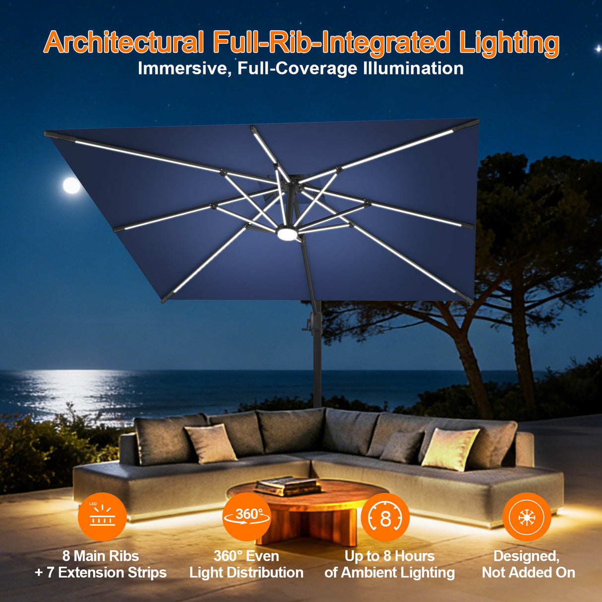 Patioslife Aegis Premium Cantilever Umbrella with Full-Rib LED Strip Lighting, Fibreglass Ribs, Powder-Coated Aluminium Pole— Luxury Garden & Patio Shade