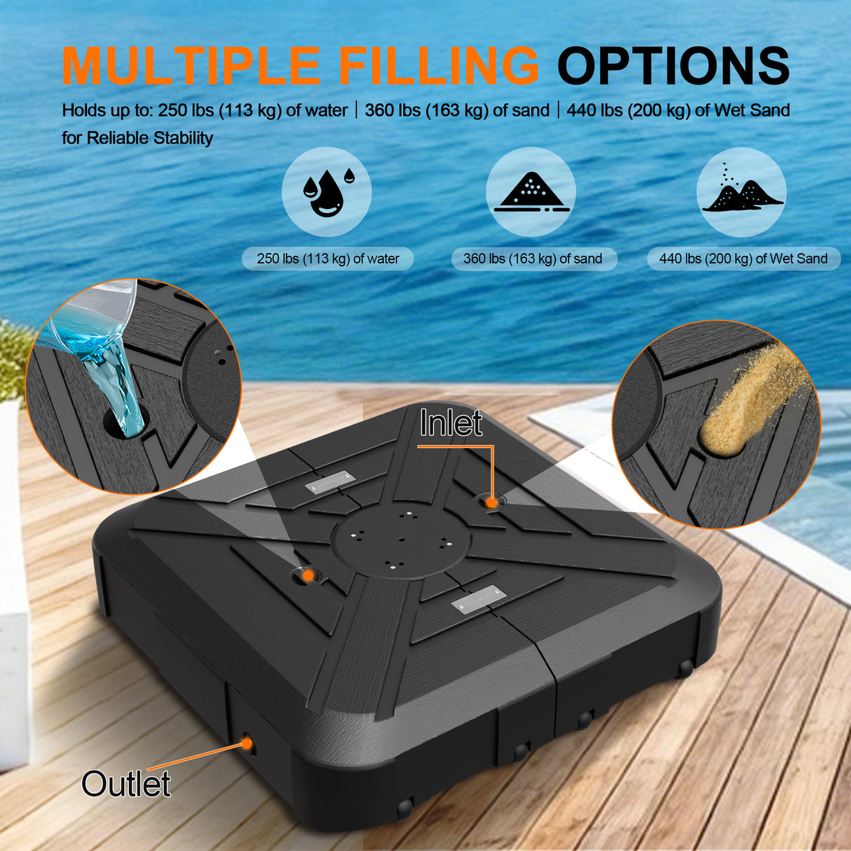 Umbrella Wheels Base 115–200kg, Heavy-Duty Outdoor Stand, Refillable HDPE Weights for Patio, Garden & Poolside Stability