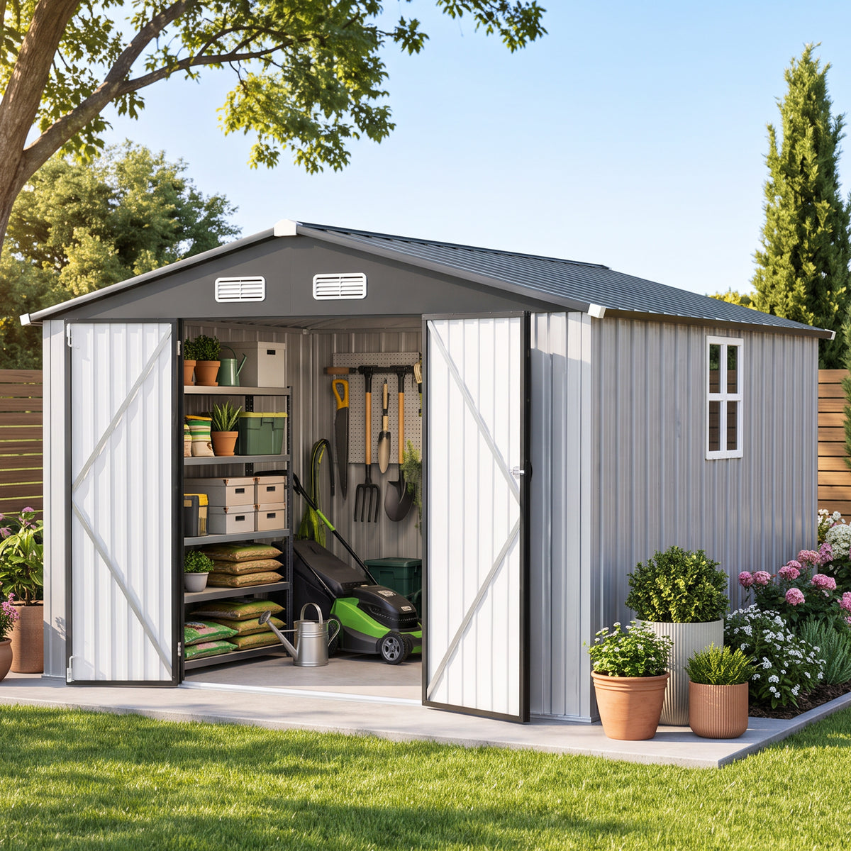 Patioslife YardVault Pro Heavy-Duty Galvanised Steel Garden Shed with Window & Lockable Door, Rust-Resistant Outdoor Tool Shed