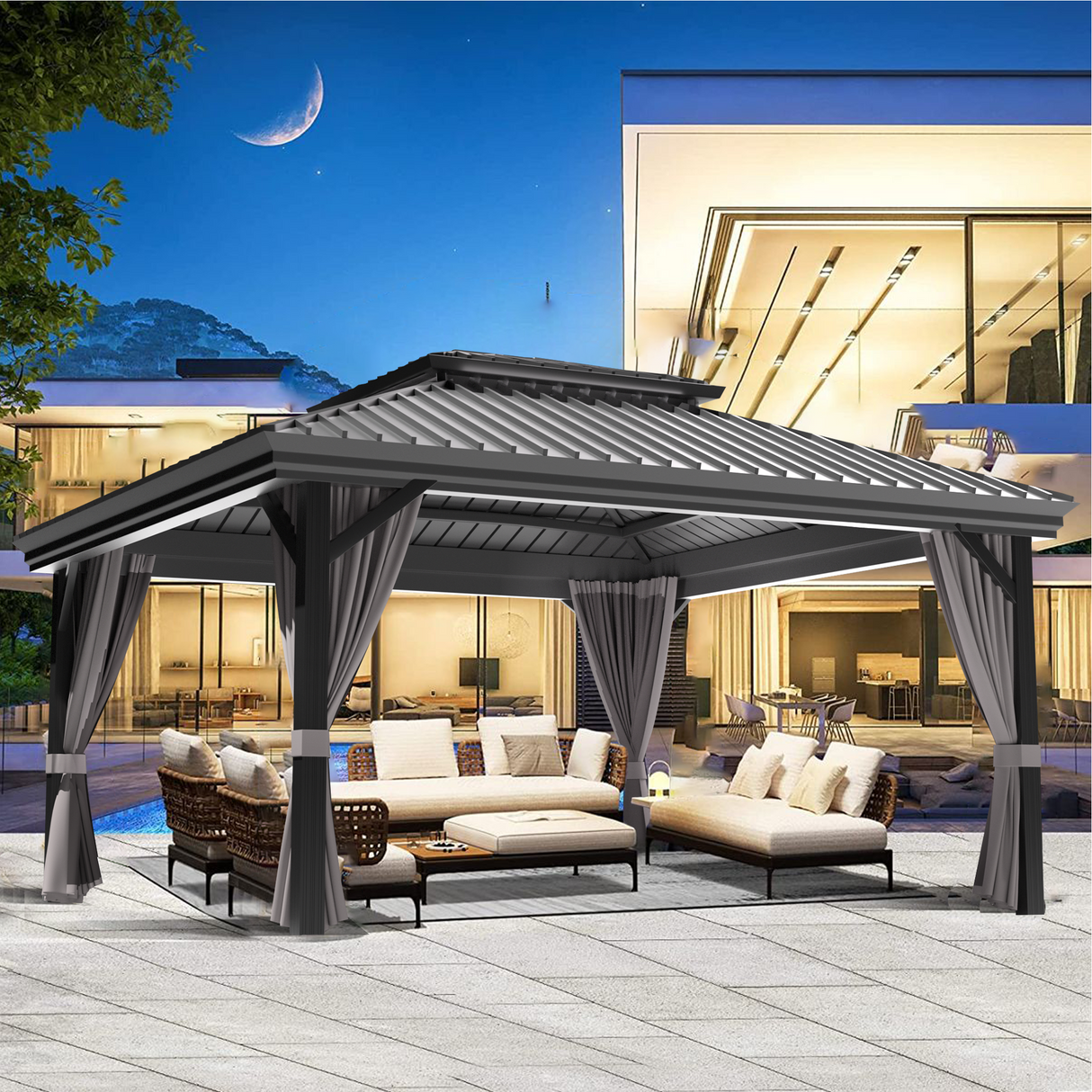 Patioslife™| Hardtop Gazebo with Wood Grain Aluminum Frame, Double Vented Roof & Curtains, Patio Pergola for Garden or Backyard