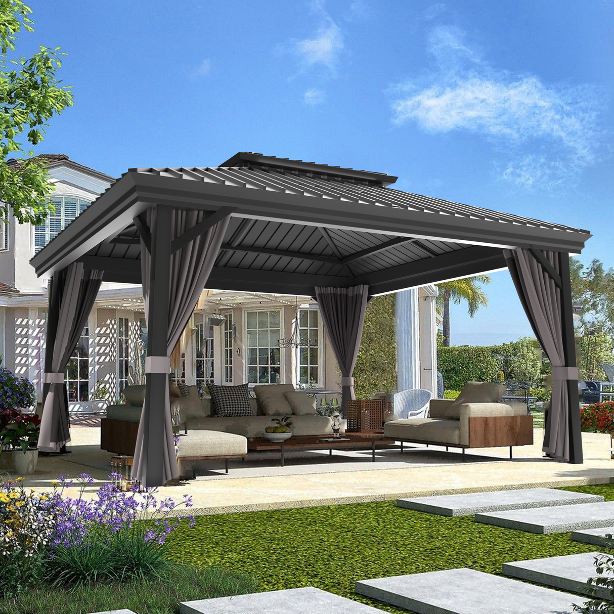 Patioslife™| Hardtop Gazebo with Wood Grain Aluminum Frame, Double Vented Roof & Curtains, Patio Pergola for Garden or Backyard