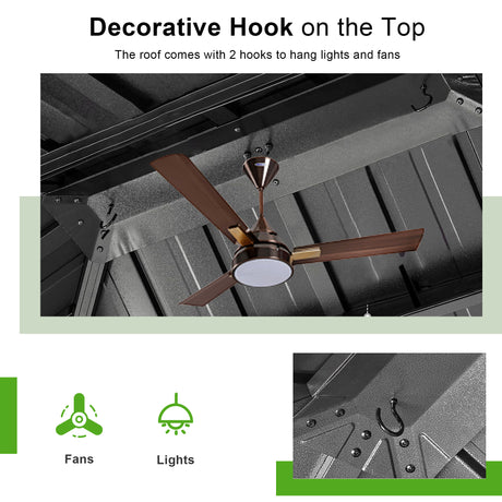 Patioslife™| Hardtop Gazebo with Wood Grain Aluminum Frame, Double Vented Roof & Curtains, Patio Pergola for Garden or Backyard