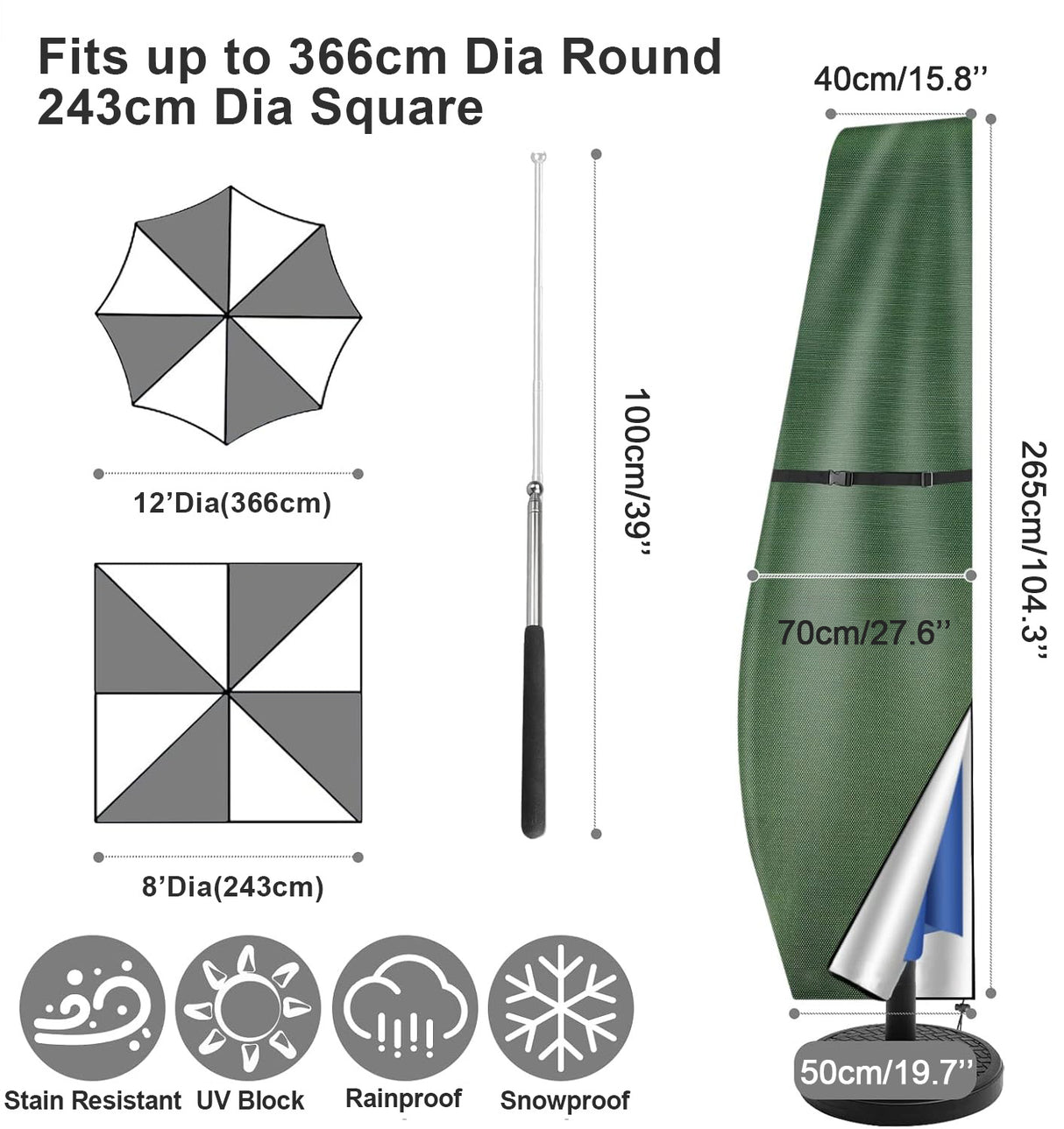Patioslife™ | Cantilever Parasol Cover with Rod – Heavy Duty Waterproof & Windproof Umbrella Cover, Fits 2-3m Outdoor Parasols, with Storage Bag