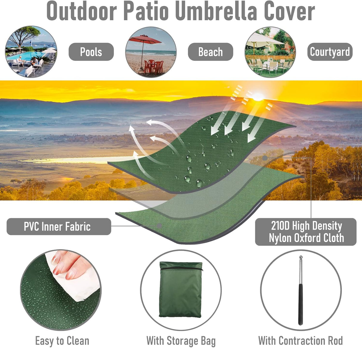 Patioslife Neween™ | Cantilever Parasol Cover with Rod – Heavy Duty Waterproof & Windproof Umbrella Cover, Fits 2-3m Outdoor Parasols, with Storage Bag