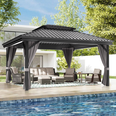 Patioslife™| Hardtop Gazebo with Wood Grain Aluminum Frame, Double Vented Roof & Curtains, Patio Pergola for Garden or Backyard