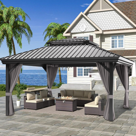 Patioslife™| Hardtop Gazebo with Wood Grain Aluminum Frame, Double Vented Roof & Curtains, Patio Pergola for Garden or Backyard