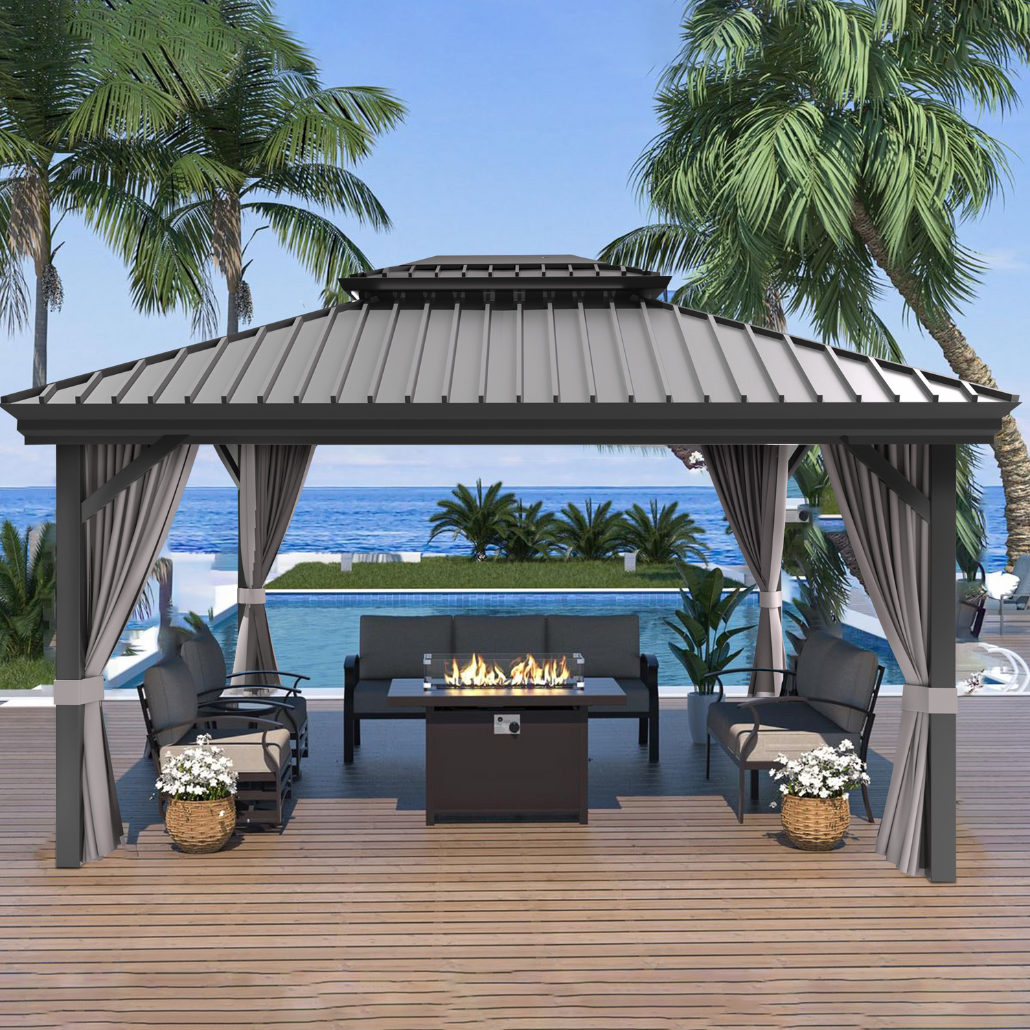 Patioslife™| Hardtop Gazebo with Wood Grain Aluminum Frame, Double Vented Roof & Curtains, Patio Pergola for Garden or Backyard