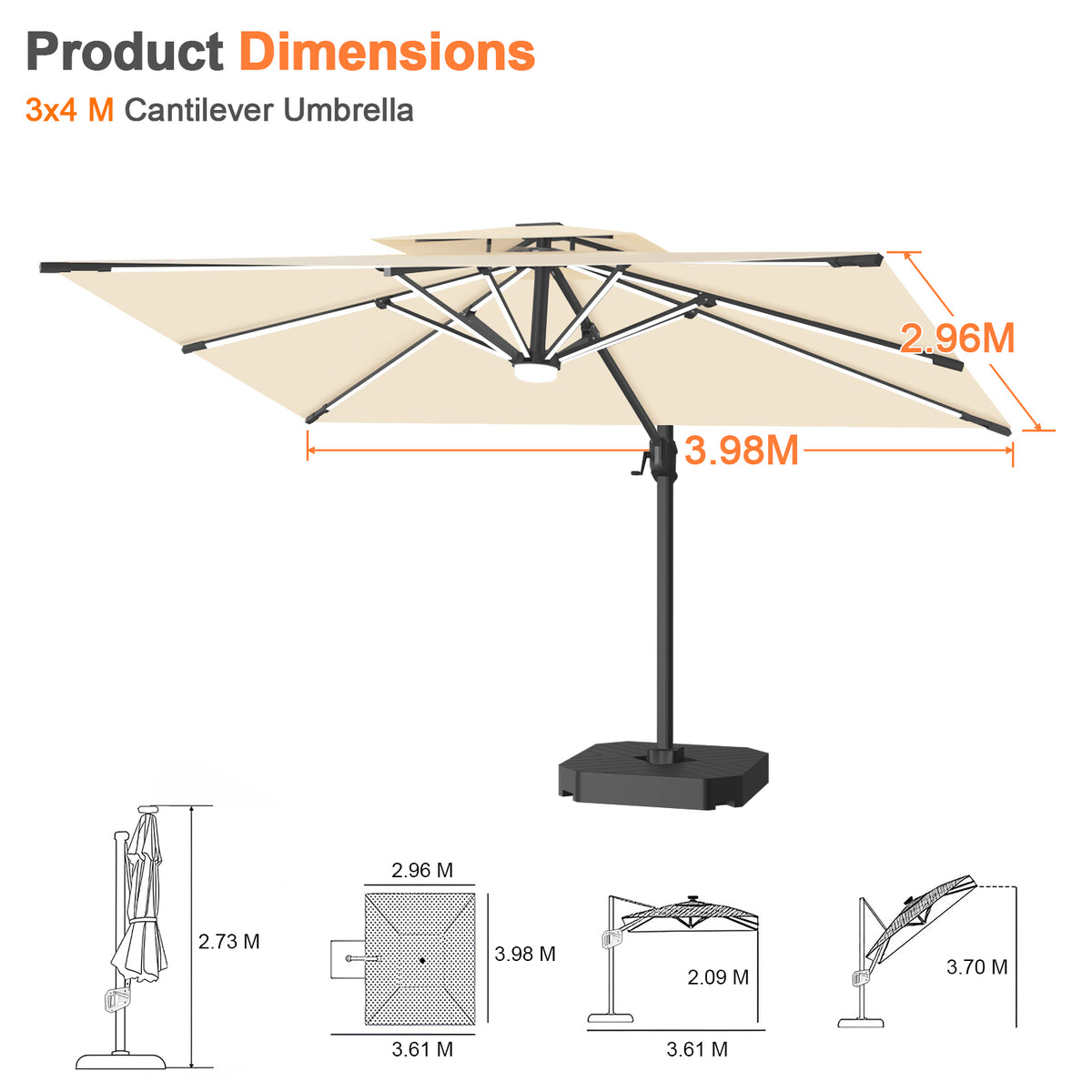 Patioslife Aegis Premium Coastal Series Cantilever Umbrella with Integrated LED Strip Lighting, Fibreglass Ribs & Aluminium Frame — Luxury Shade Built for Australian Outdoors