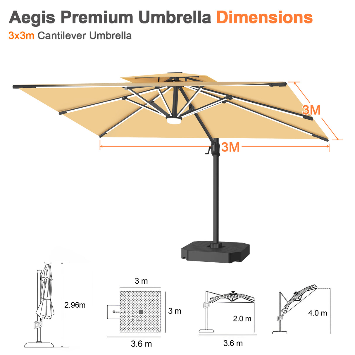 Patioslife Aegis Premium Cantilever Umbrella with Full-Rib LED Strip Lighting, Fibreglass Ribs, Powder-Coated Aluminium Pole— Luxury Garden & Patio Shade