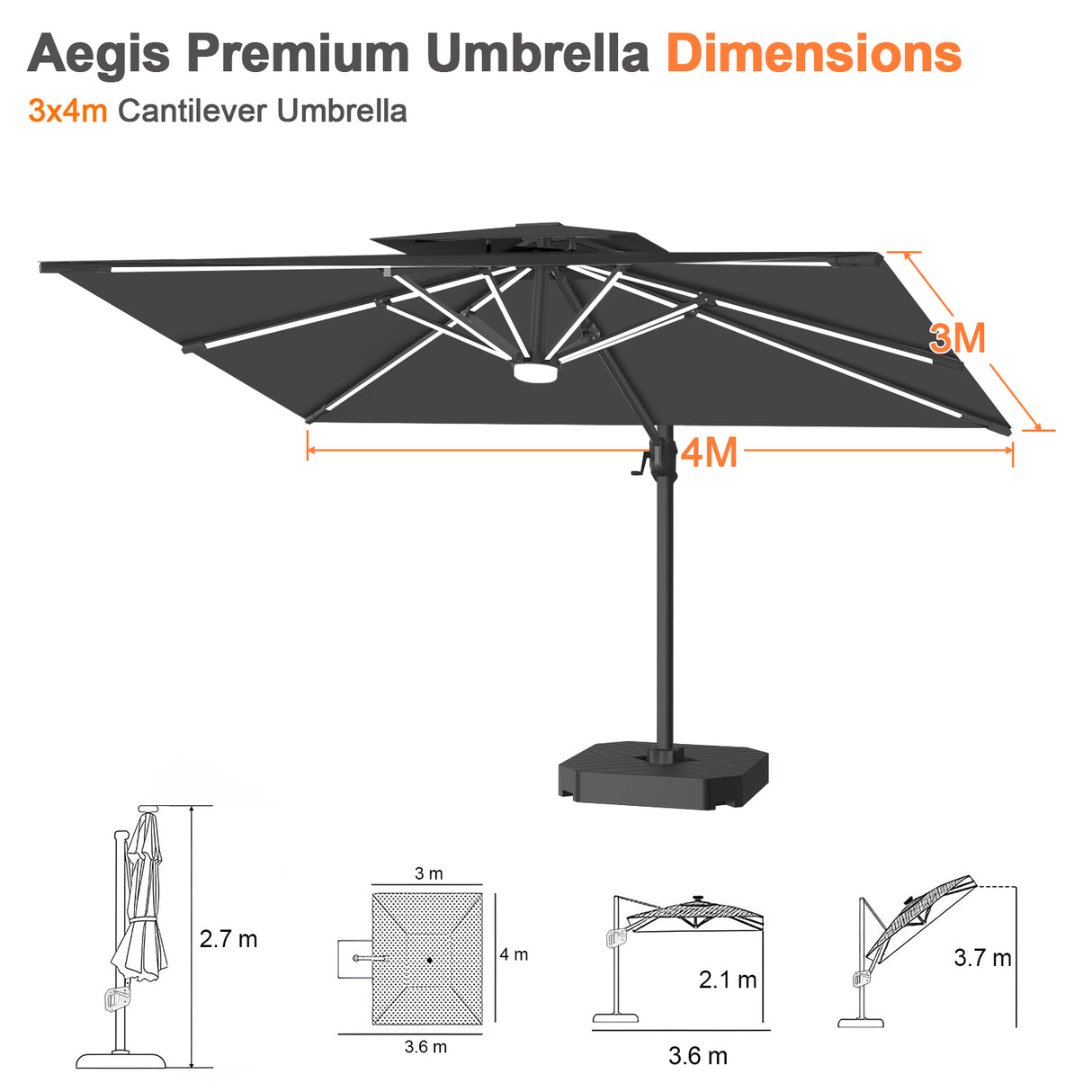 Patioslife Aegis Premium Cantilever Umbrella with Full-Rib LED Strip Lighting, Fibreglass Ribs, Powder-Coated Aluminium Pole— Luxury Garden & Patio Shade