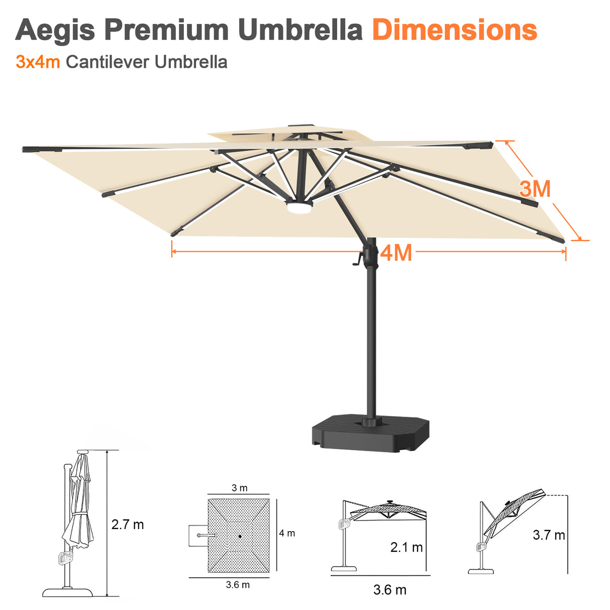 Patioslife Aegis Premium Cantilever Umbrella with Full-Rib LED Strip Lighting, Fibreglass Ribs, Powder-Coated Aluminium Pole— Luxury Garden & Patio Shade