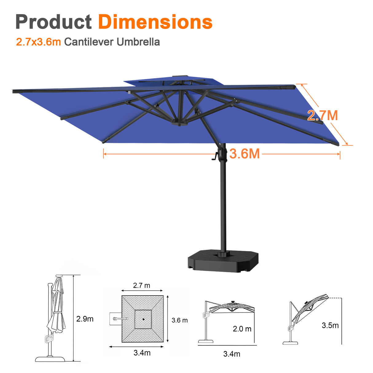 Patioslife Aegis Pro Cantilever Umbrella with Cross Base — Heavy-Duty Frame & Powder-Coated Aluminium Pole for Garden & Patio
