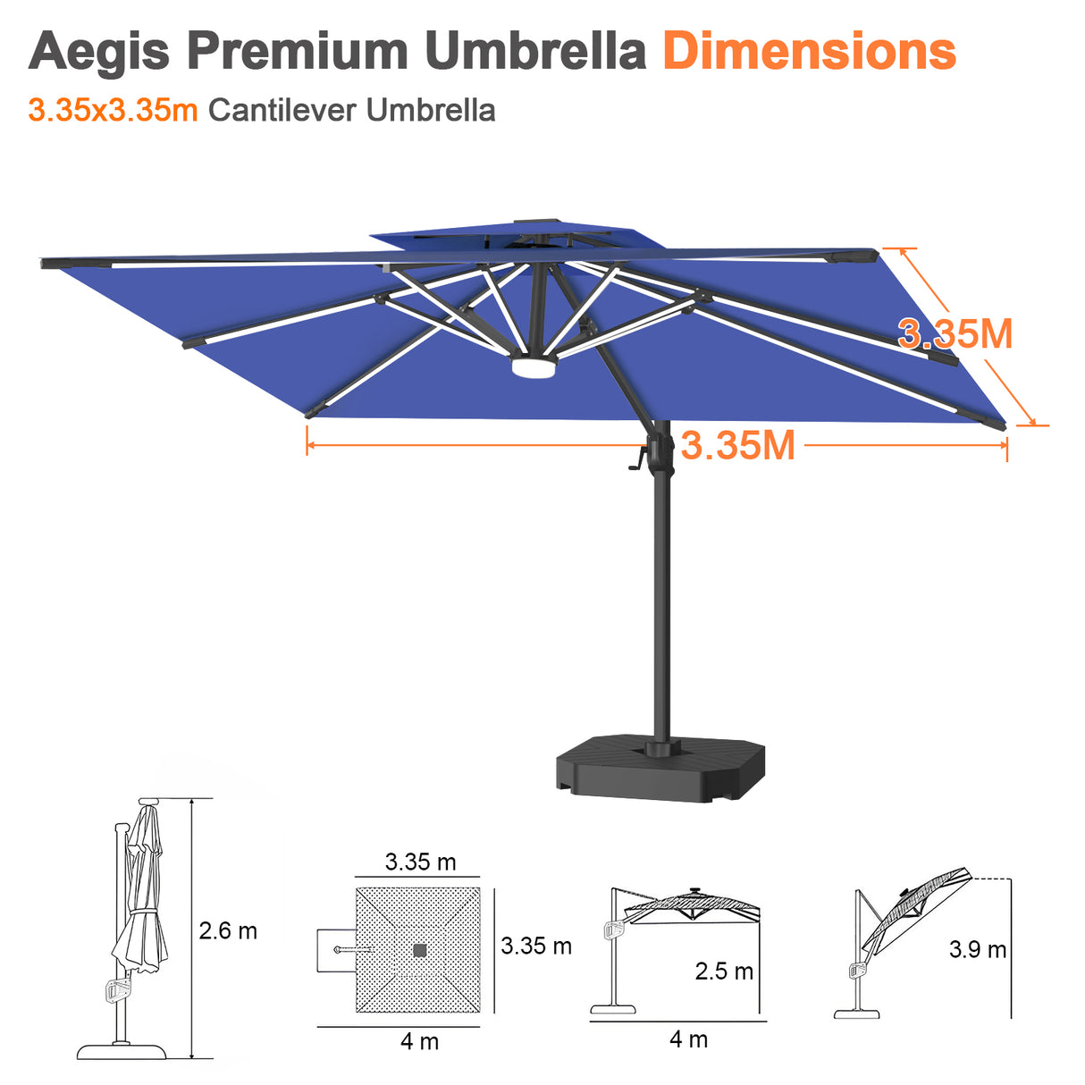 Patioslife Aegis Premium Cantilever Umbrella with Full-Rib LED Strip Lighting, Fibreglass Ribs, Powder-Coated Aluminium Pole— Luxury Garden & Patio Shade