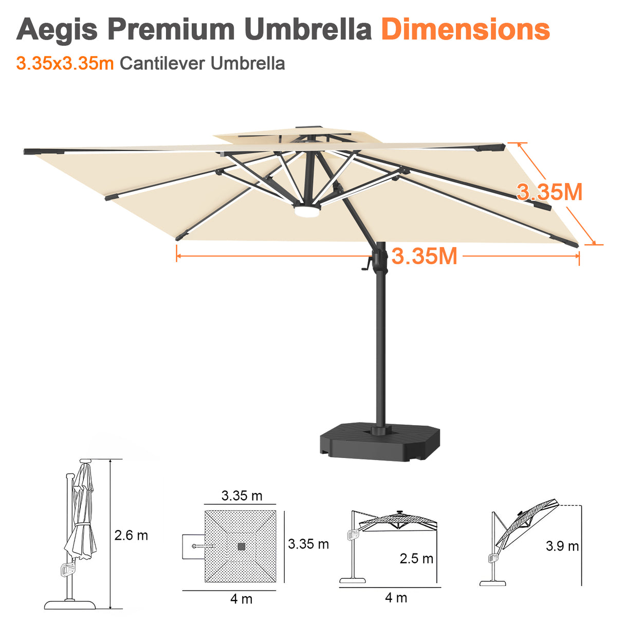 Patioslife Aegis Premium Cantilever Umbrella with Full-Rib LED Strip Lighting, Fibreglass Ribs, Powder-Coated Aluminium Pole— Luxury Garden & Patio Shade