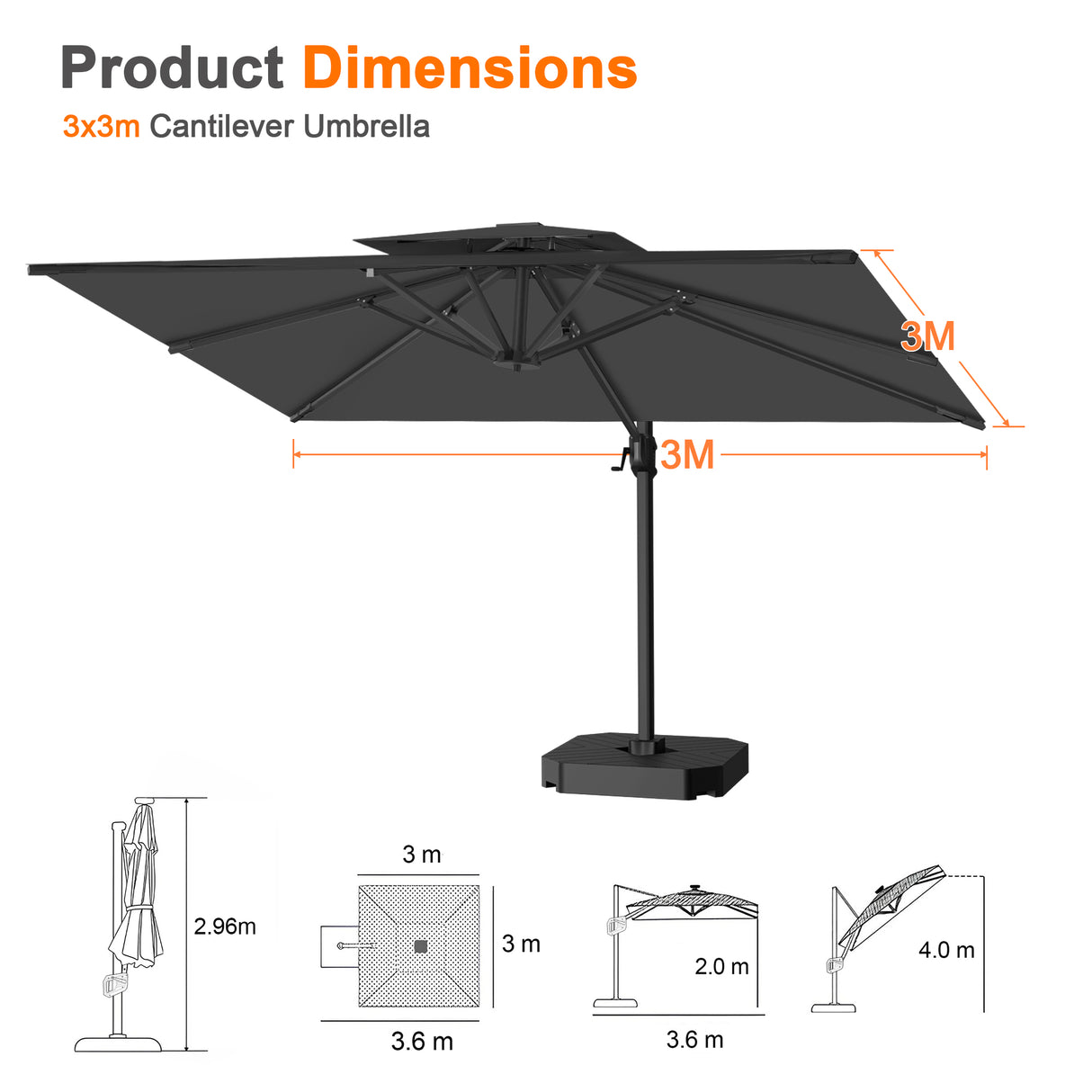 Patioslife Aegis Pro Cantilever Umbrella with Cross Base — Heavy-Duty Frame & Powder-Coated Aluminium Pole for Garden & Patio