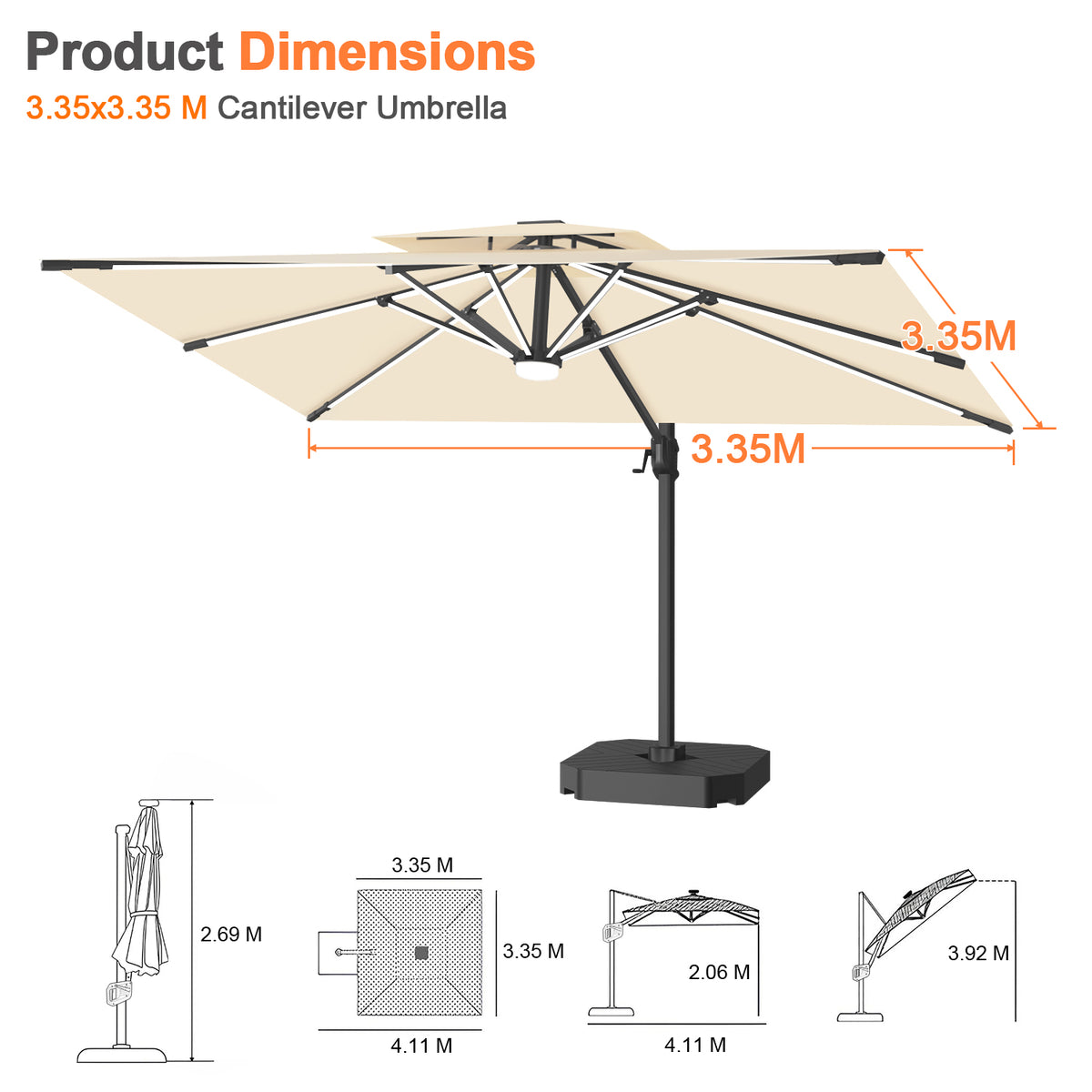 Patioslife Aegis Premium Coastal Series Cantilever Umbrella with Integrated LED Strip Lighting, Fibreglass Ribs & Aluminium Frame — Luxury Shade Built for Australian Outdoors