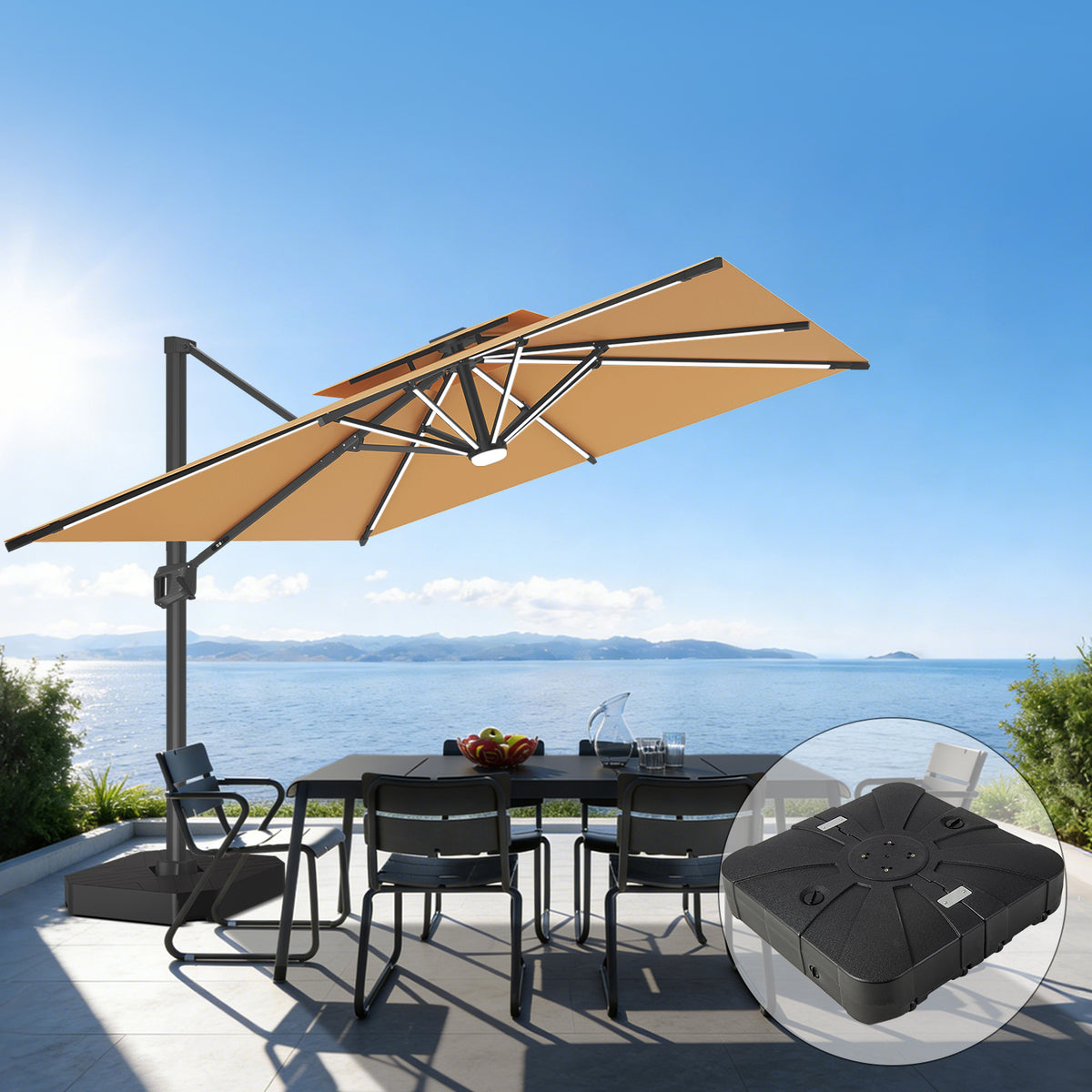 Patioslife Aegis Premium Coastal Series Cantilever Umbrella with Integrated LED Strip Lighting, Fibreglass Ribs & Aluminium Frame — Luxury Shade Built for Australian Outdoors