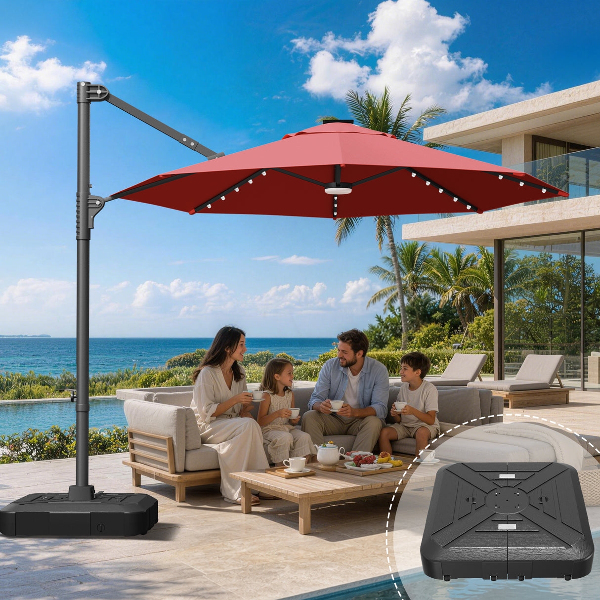 Patioslife Aegis Pro All-in-One Shade Round Cantilever Patio Umbrella with solar LED lights | Premium Cover | Large Base
