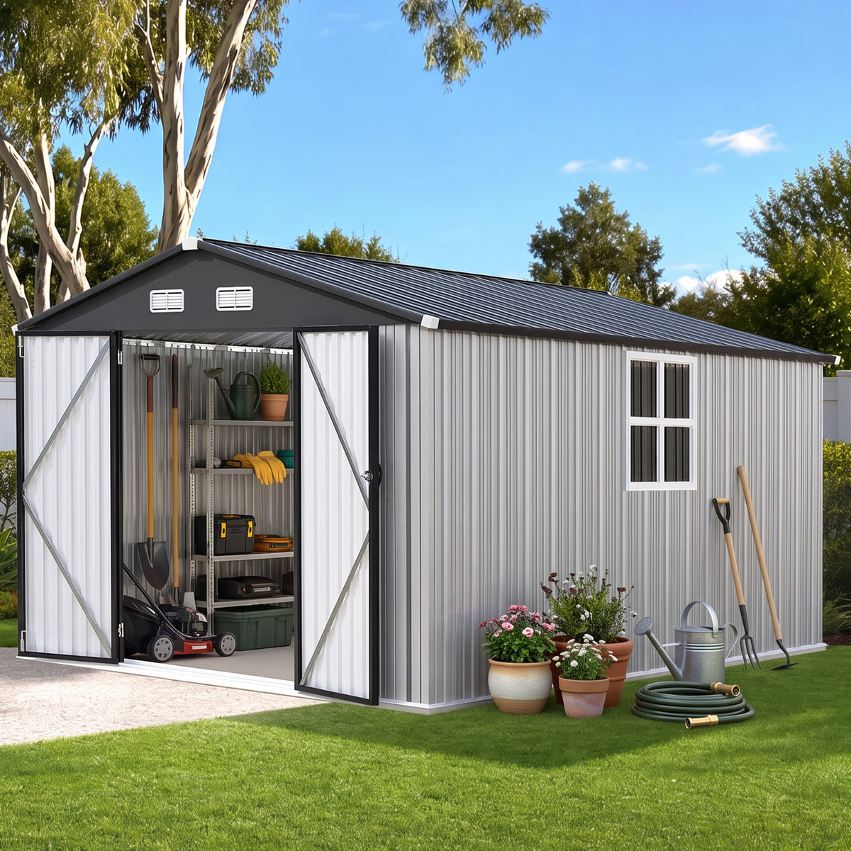 Patioslife YardVault Pro Heavy-Duty Galvanised Steel Garden Shed with Window & Lockable Door, Rust-Resistant Outdoor Tool Shed