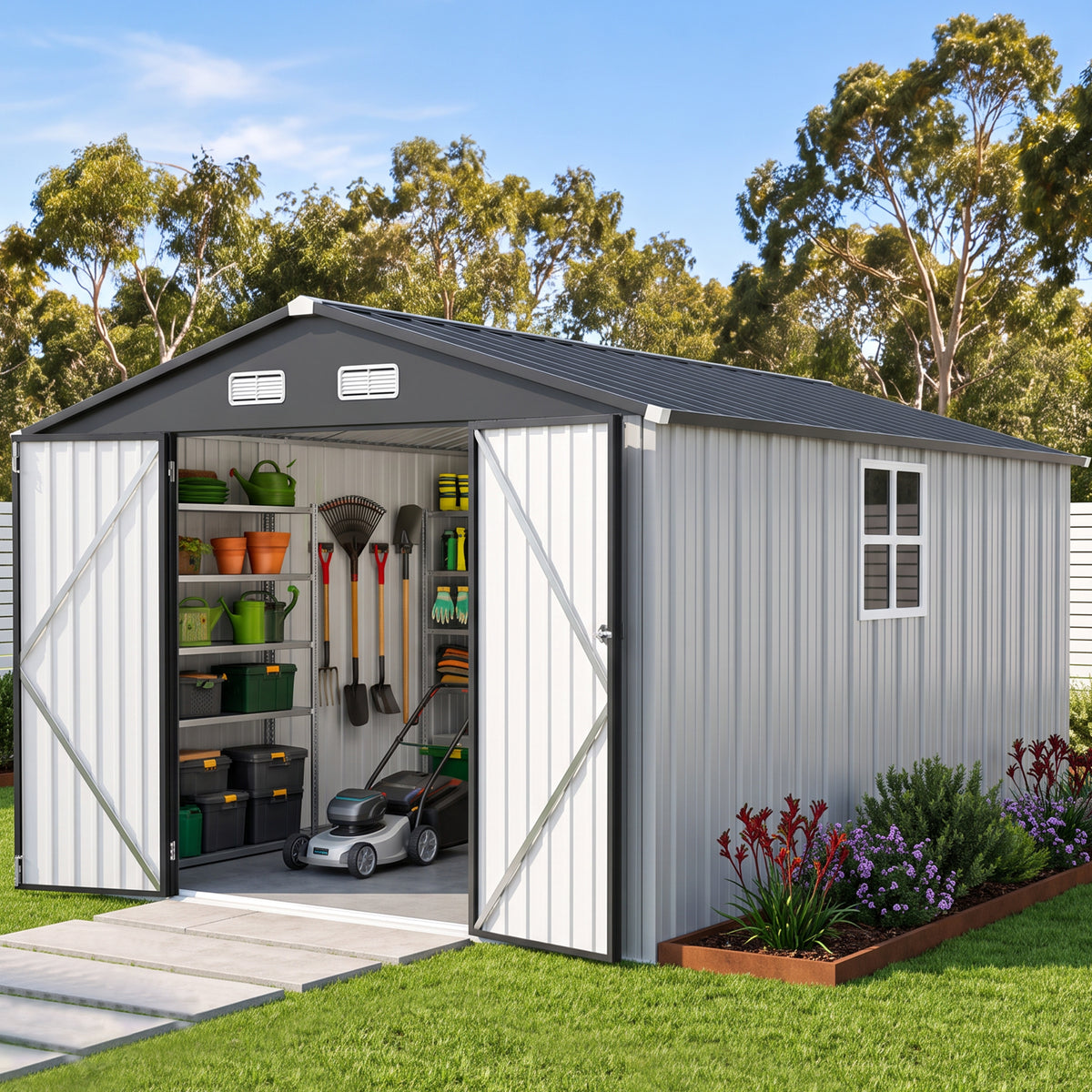 Patioslife YardVault Pro Heavy-Duty Galvanised Steel Garden Shed with Window & Lockable Door, Rust-Resistant Outdoor Tool Shed