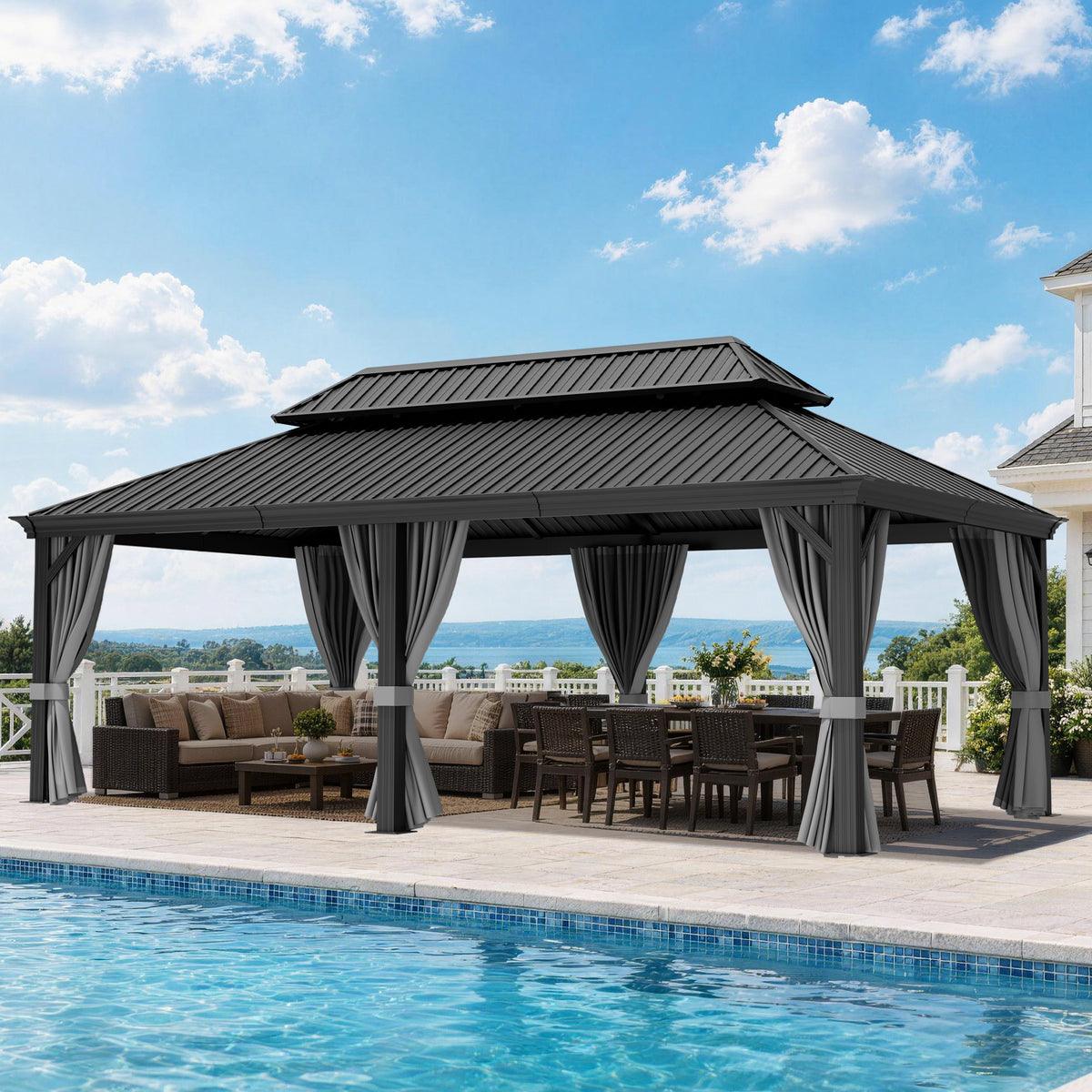 Patioslife Luxury Haven Coastal Hardtop Gazebo | Designed for Australian Outdoor Conditions with 120×120mm Aluminium Posts, Drainage Gutters, Double Vented Roof & Curtains