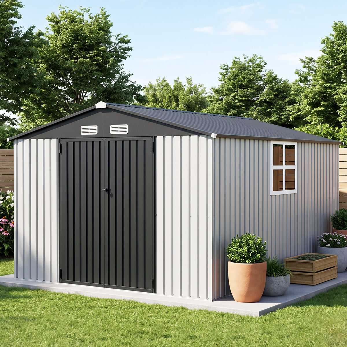 Patioslife YardVault Pro Heavy-Duty Galvanised Steel Garden Shed with Window & Lockable Door, Rust-Resistant Outdoor Tool Shed