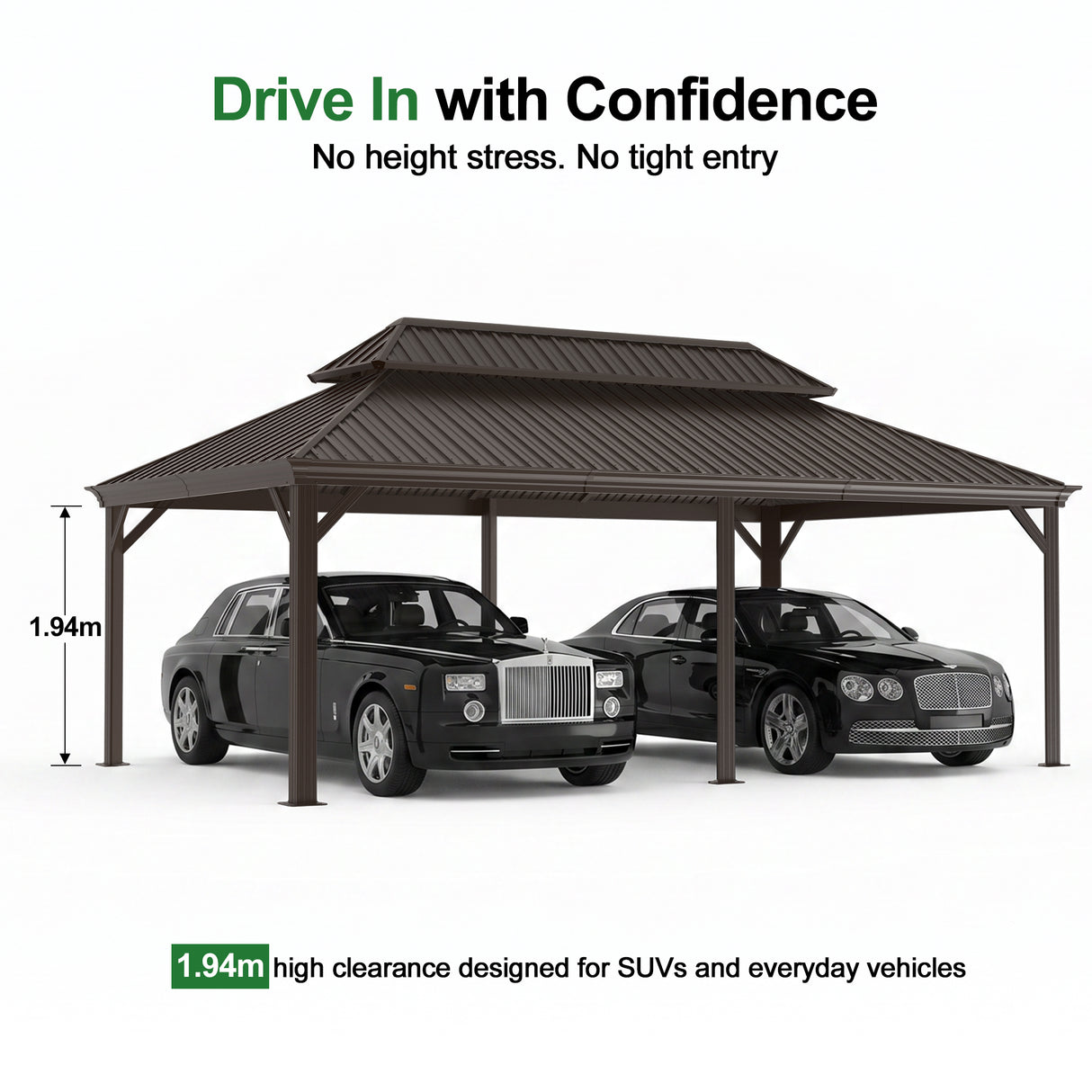 Patioslife Aluminium Carport with Steel Roof – Weatherproof Canopy for Cars, Motorbikes & Campervans