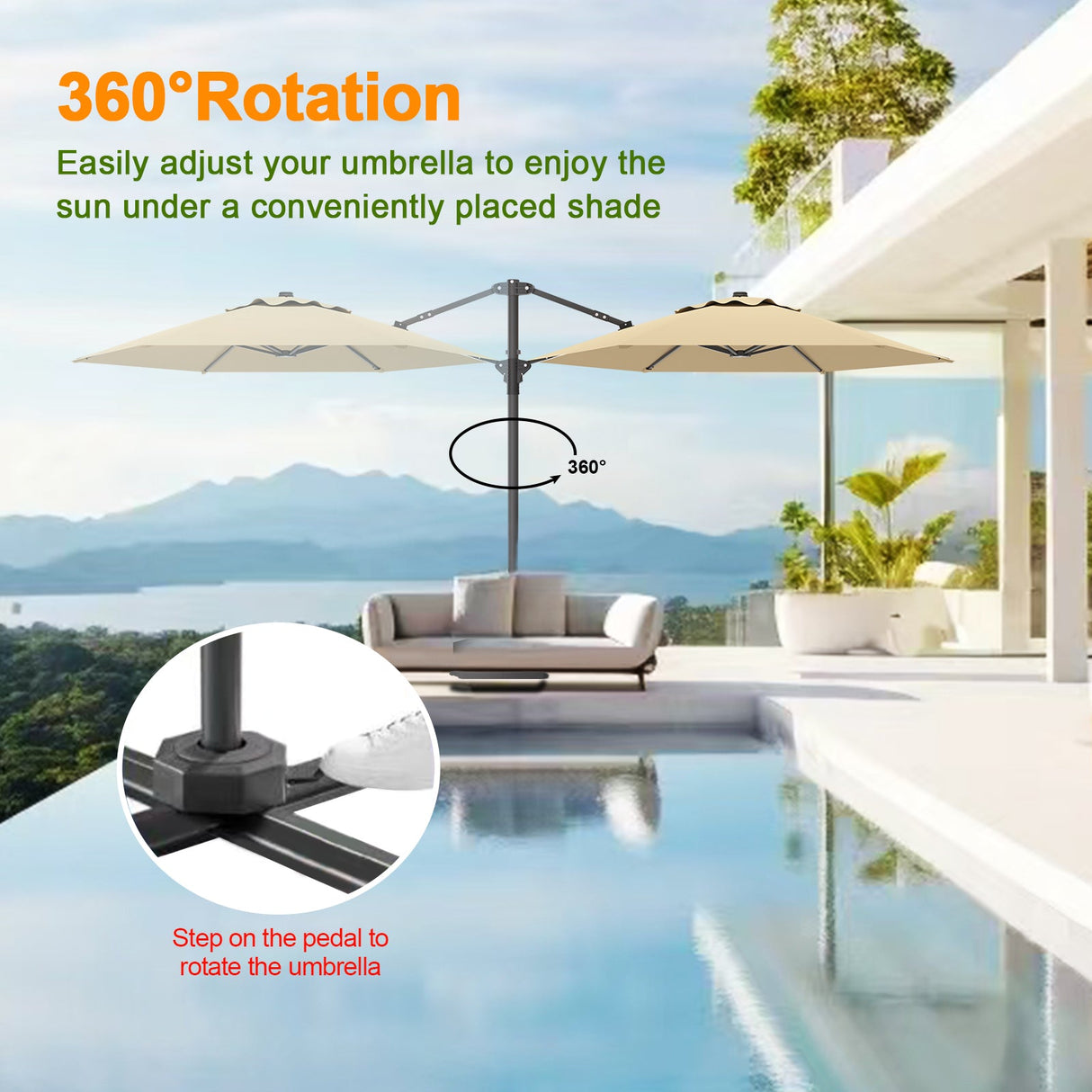 Cantilever umbrella,patioslife,Poolside,Outdoor Leisure Area,Outdoor Kitchen or Dining Area,Garden Pathway,Rooftop Terrace,Sun Shading & Light Contro,Space Definition,LED,lights,360-degree rotation