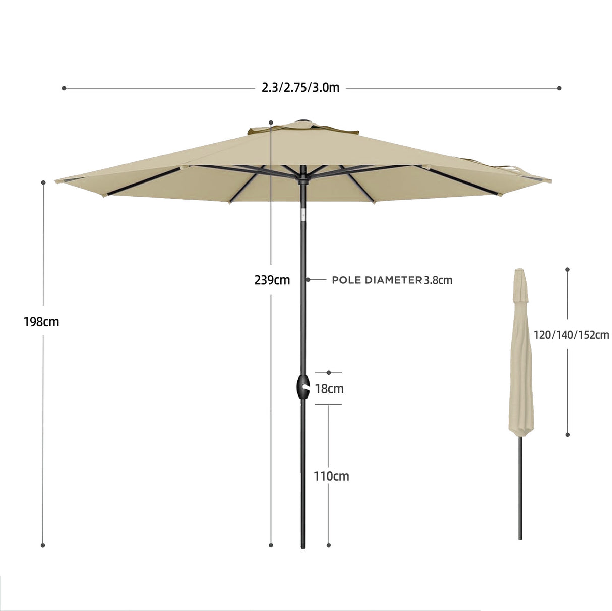 Patioslife Solara Market Umbrella with Reinforced Aluminium Frame & UV-Resistant Canopy — Elegant Outdoor Shade for Patio, Garden & Café