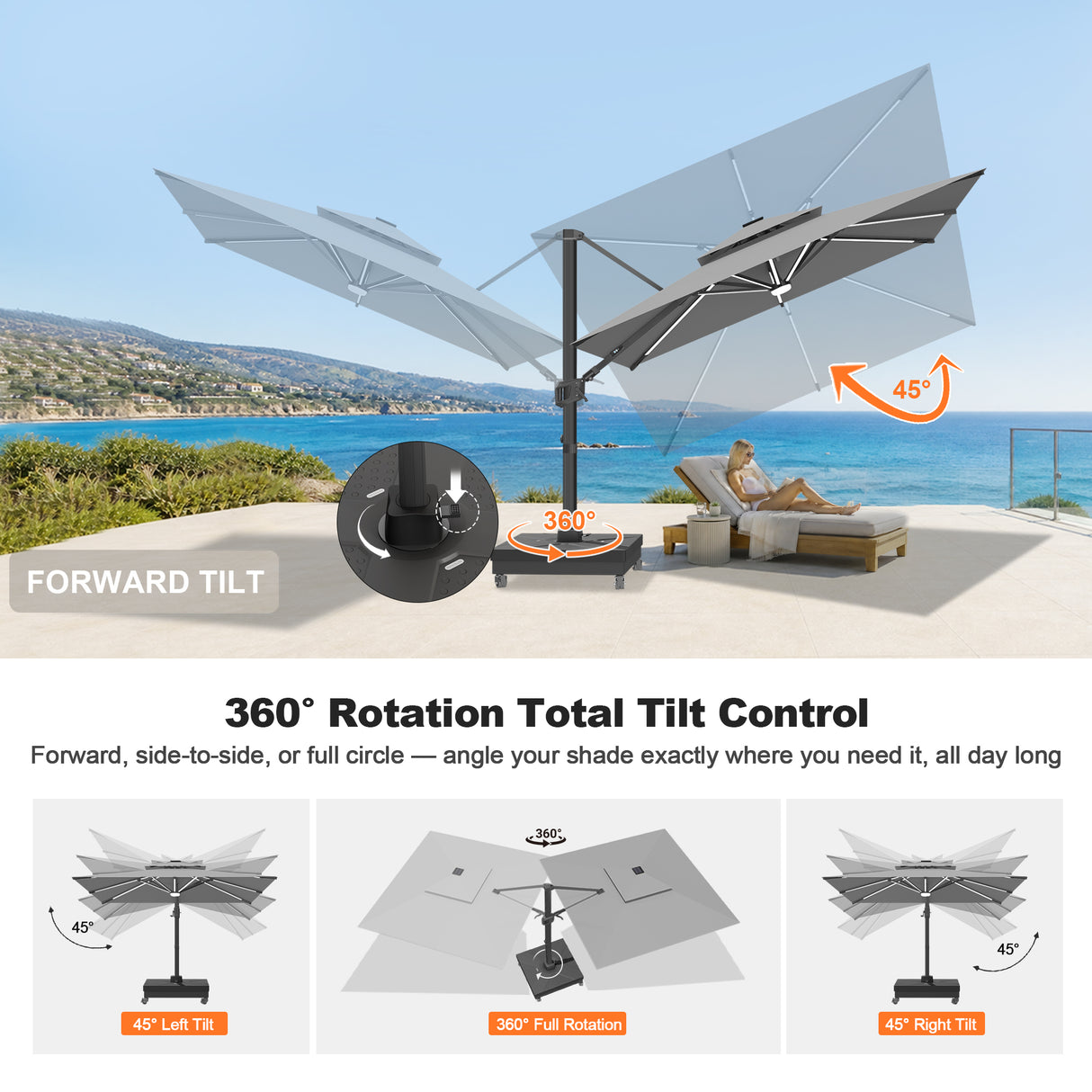 Patioslife Aegis Signature Rotating Cantilever Patio Umbrella with Adjustable Tilt | Large Outdoor Shade Umbrella for Garden, Deck & Poolside, Includes Free Premium Cover