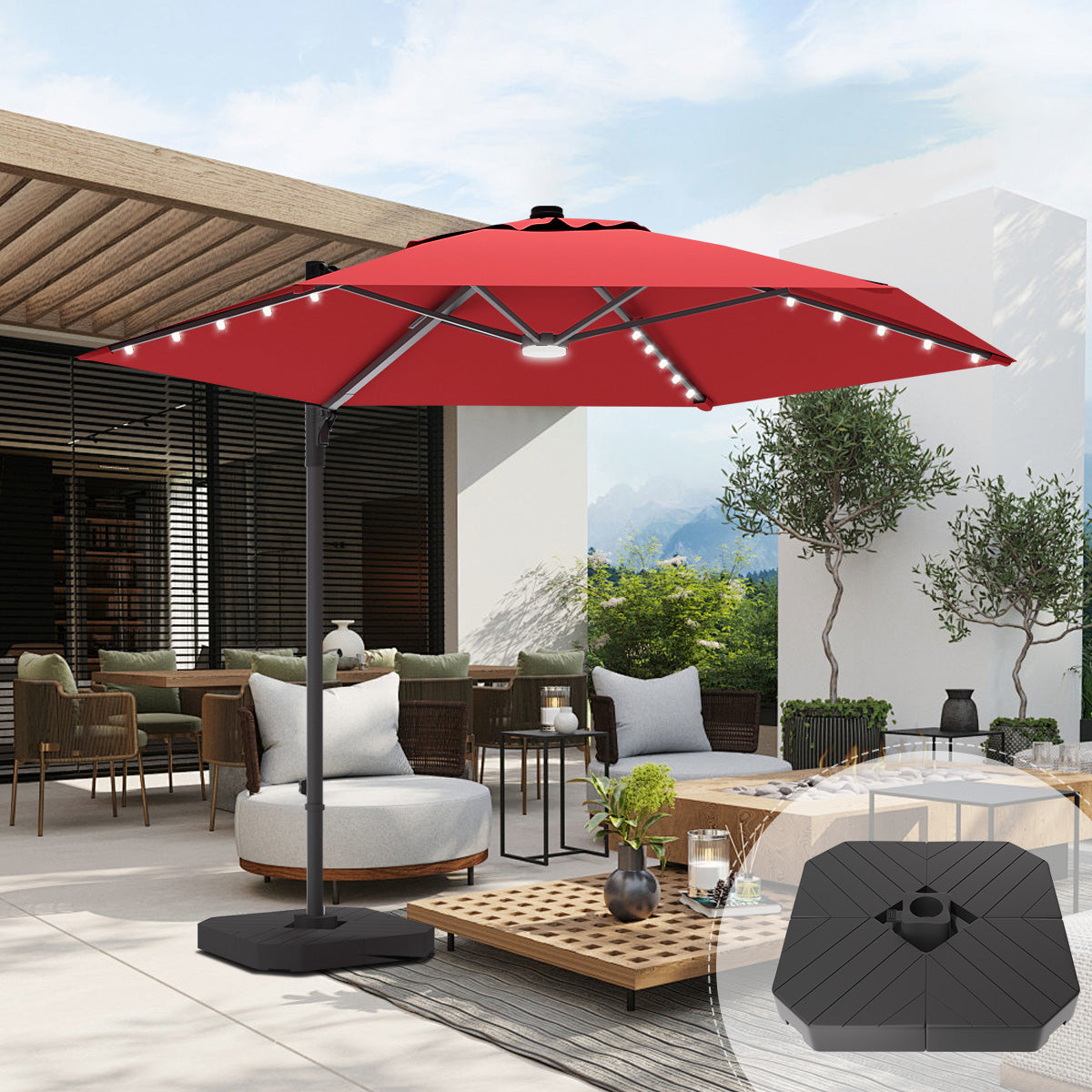 Cantilever umbrella,patioslife,Poolside,Outdoor Leisure Area,Outdoor Kitchen or Dining Area,Garden Pathway,Rooftop Terrace,Sun Shading & Light Contro,Space Definition,LED,lights,red