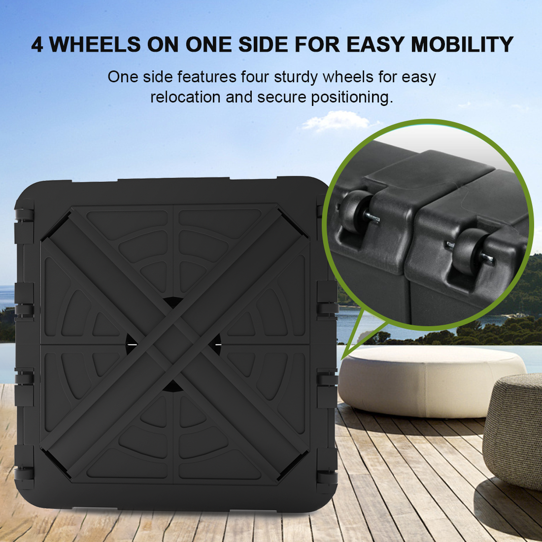 Patioslife,Umbrella Wheels Base,115–200kg Capacity,Heavy-Duty Outdoor Stand,Refillable HDPE Weights,Patio Umbrella Base,Garden Parasol Stand,Poolside Stability Support,Weather-Resistant,Durable Construction,Easy Mobility,Lockable Wheels,Modern Outdoor Furniture,Luxury Patio Accessory,Contemporary Design,Premium Outdoor Living