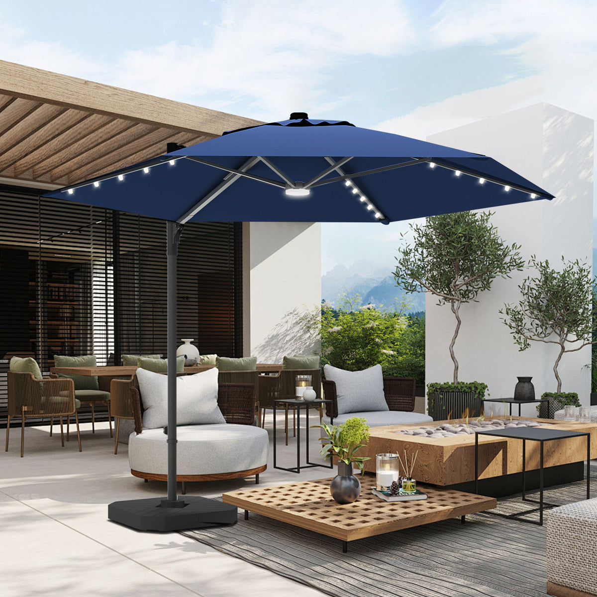 Cantilever umbrella,patioslife,Poolside,Outdoor Leisure Area,Outdoor Kitchen or Dining Area,Garden Pathway,Rooftop Terrace,Sun Shading & Light Contro,Space Definition,LED,lights,navy blue
