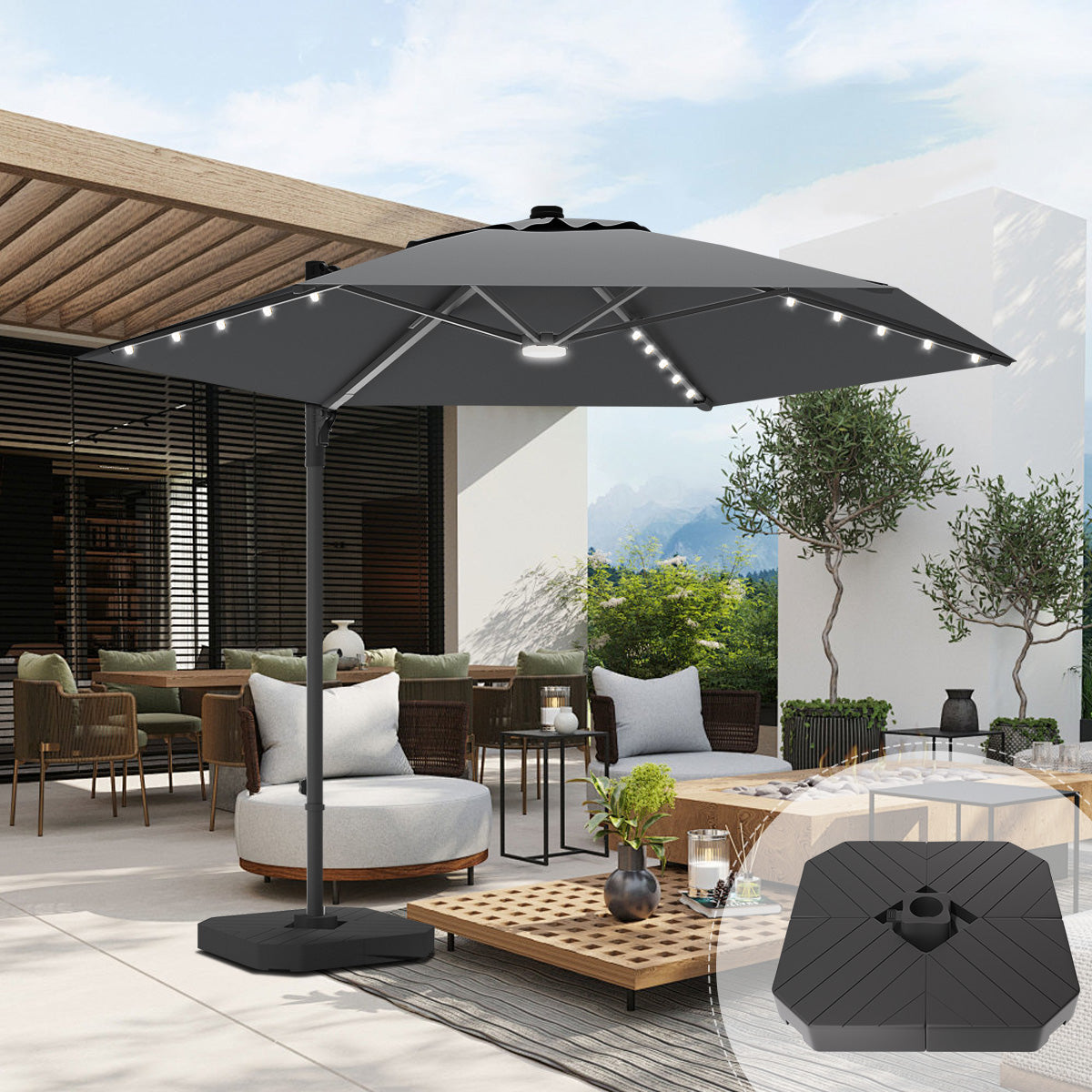 Cantilever umbrella,patioslife,Poolside,Outdoor Leisure Area,Outdoor Kitchen or Dining Area,Garden Pathway,Rooftop Terrace,Sun Shading & Light Contro,Space Definition,LED,lights,grey