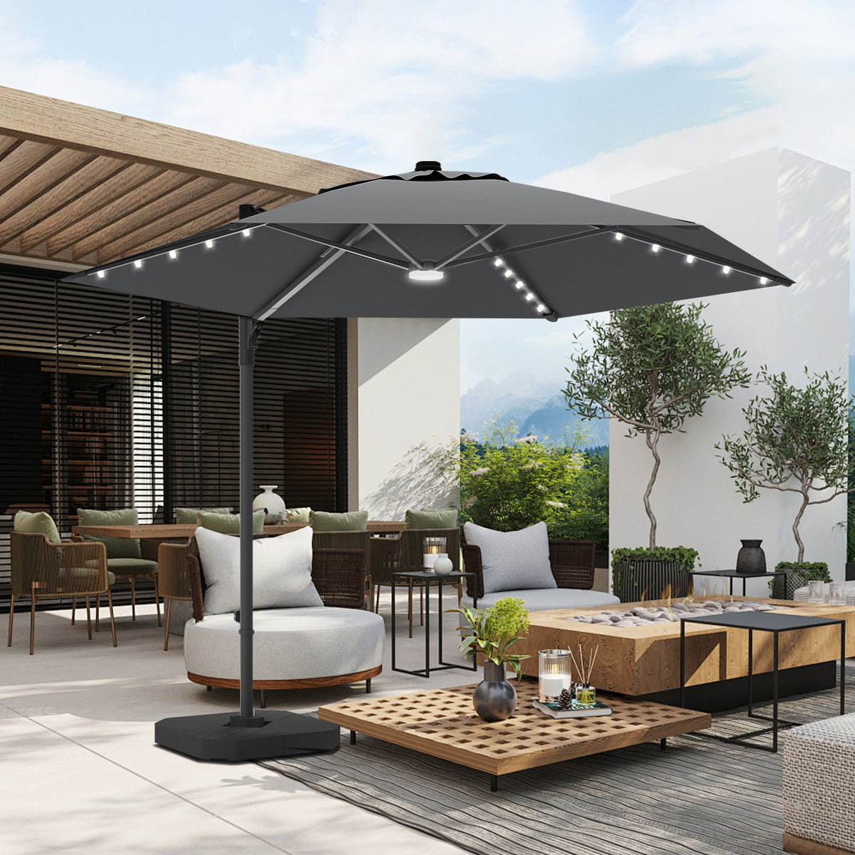 Cantilever umbrella,patioslife,Poolside,Outdoor Leisure Area,Outdoor Kitchen or Dining Area,Garden Pathway,Rooftop Terrace,Sun Shading & Light Contro,Space Definition,LED,lights,grey