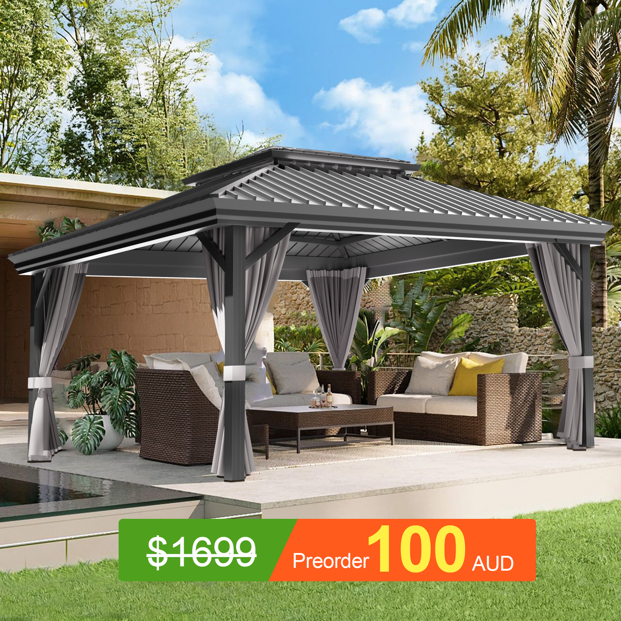 Pre-Order,Patioslife Haven,Hardtop Gazebo,Heavy-Duty Aluminium Frame,Double-Vented Roof,Curtains Included,Patio Pergola,Garden Pavilion,Backyard Shelter,Outdoor Entertaining,Weatherproof,Sunshade & Rain Protection,Modern Outdoor Furniture,Luxury Patio Structure,Contemporary Design,Durable Construction,Premium Outdoor Living