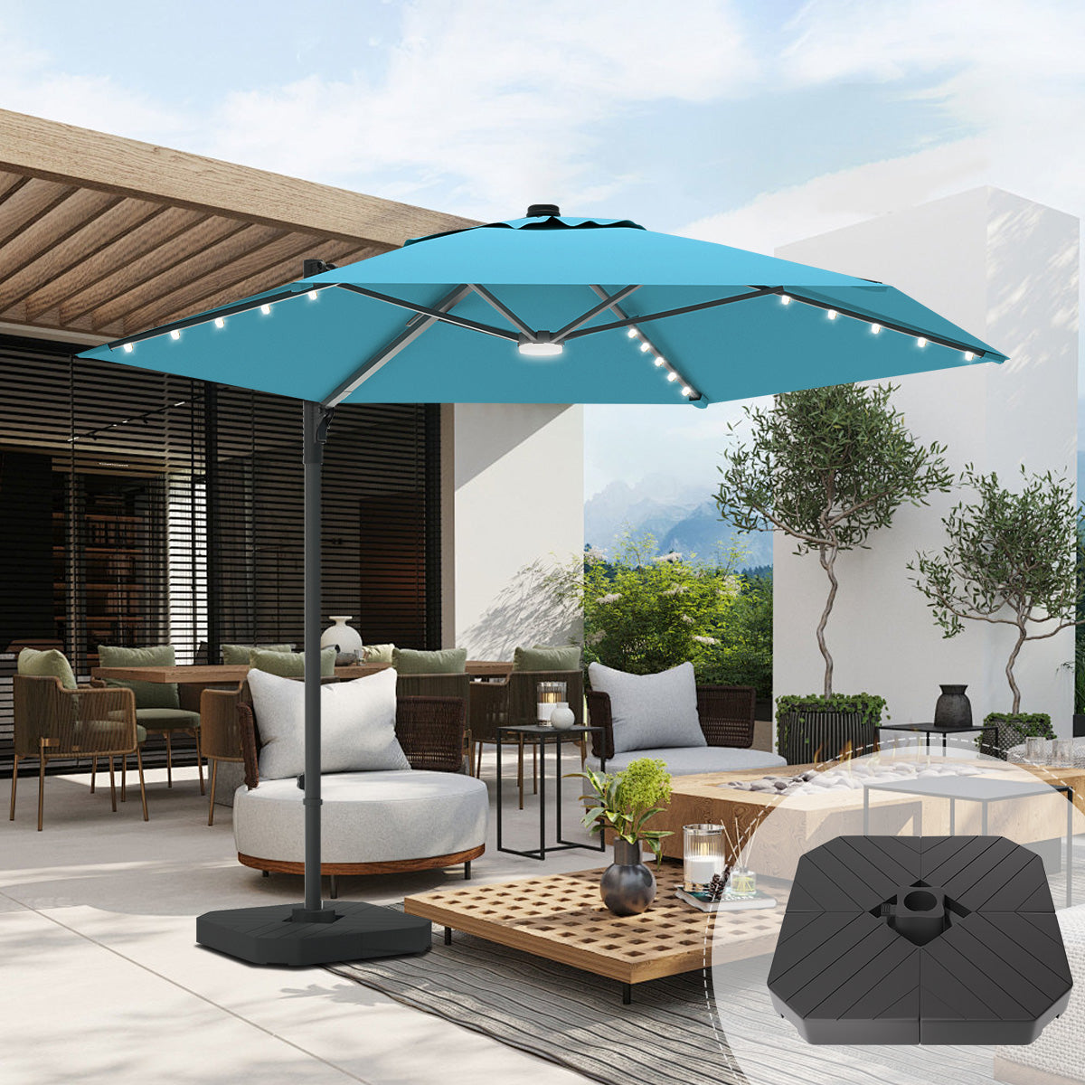 Patioslife Aegis Pro™ All-in-One Shade Round Cantilever Patio Umbrella with solar LED lights | Premium Cover | Large Base