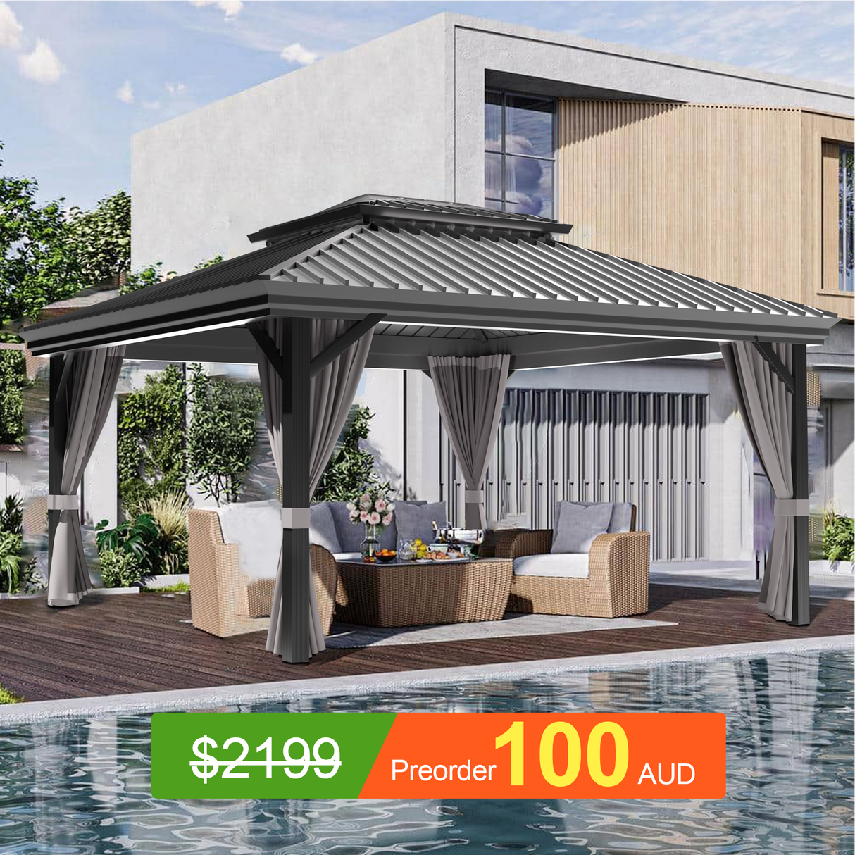 Pre-Order,Patioslife Haven,Hardtop Gazebo,Heavy-Duty Aluminium Frame,Double-Vented Roof,Curtains Included,Patio Pergola,Garden Pavilion,Backyard Shelter,Outdoor Entertaining,Weatherproof,Sunshade & Rain Protection,Modern Outdoor Furniture,Luxury Patio Structure,Contemporary Design,Durable Construction,Premium Outdoor Living