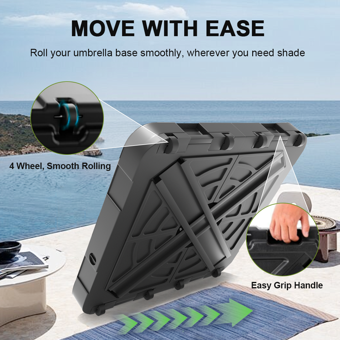 Patioslife,Umbrella Wheels Base,115–200kg Capacity,Heavy-Duty Outdoor Stand,Refillable HDPE Weights,Patio Umbrella Base,Garden Parasol Stand,Poolside Stability Support,Weather-Resistant,Durable Construction,Easy Mobility,Lockable Wheels,Modern Outdoor Furniture,Luxury Patio Accessory,Contemporary Design,Premium Outdoor Living