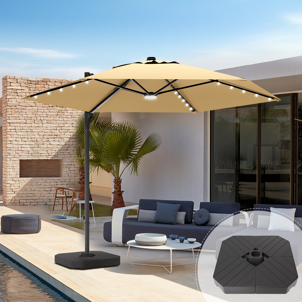 Cantilever umbrella,patioslife,Poolside,Outdoor Leisure Area,Outdoor Kitchen or Dining Area,Garden Pathway,Rooftop Terrace,Sun Shading & Light Contro,Space Definition,LED,lights