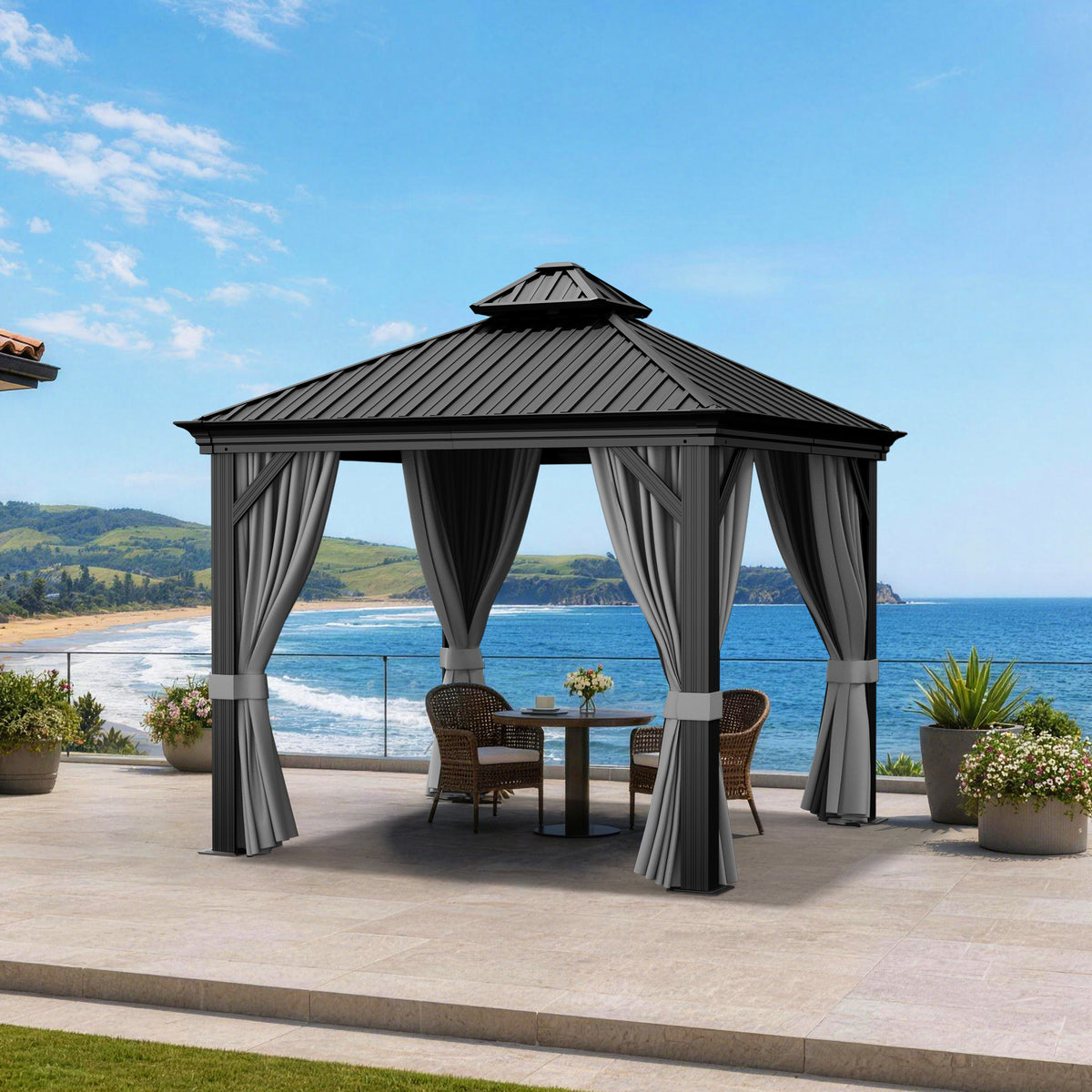 Patioslife Luxury Haven Coastal Hardtop Gazebo | Designed for Australian Outdoor Conditions with 120×120mm Aluminium Posts, Drainage Gutters, Double Vented Roof & Curtains