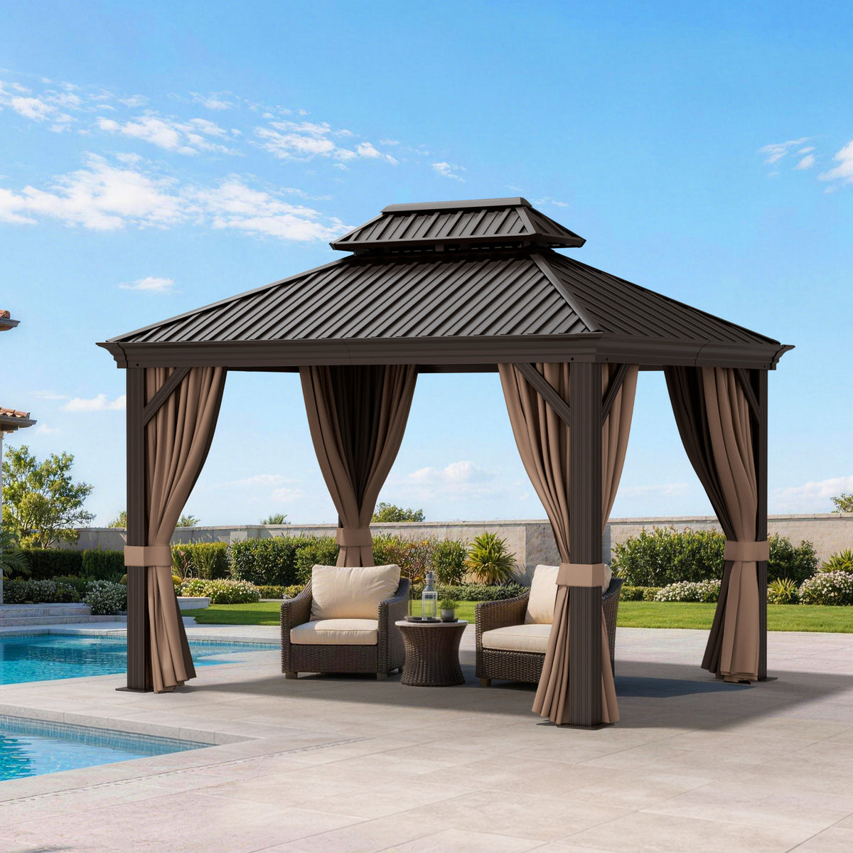 Patioslife Luxury Haven Coastal Hardtop Gazebo | Designed for Australian Outdoor Conditions with 120×120mm Aluminium Posts, Drainage Gutters, Double Vented Roof & Curtains