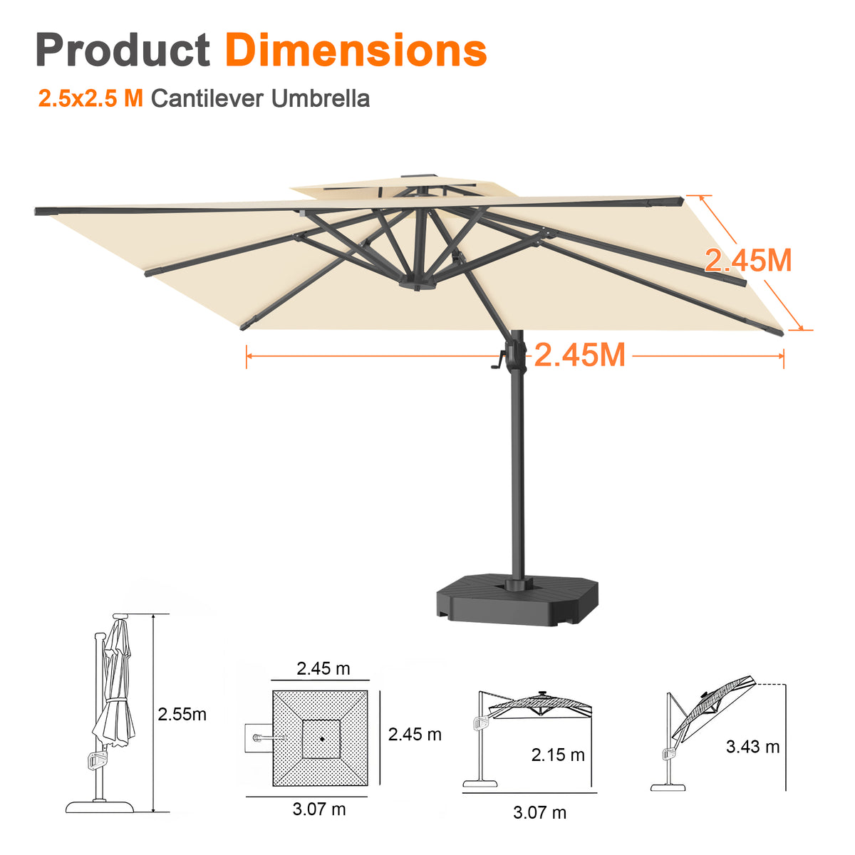 Patioslife Aegis Pro Cantilever Umbrella with Cross Base — Heavy-Duty Frame & Powder-Coated Aluminium Pole for Garden & Patio