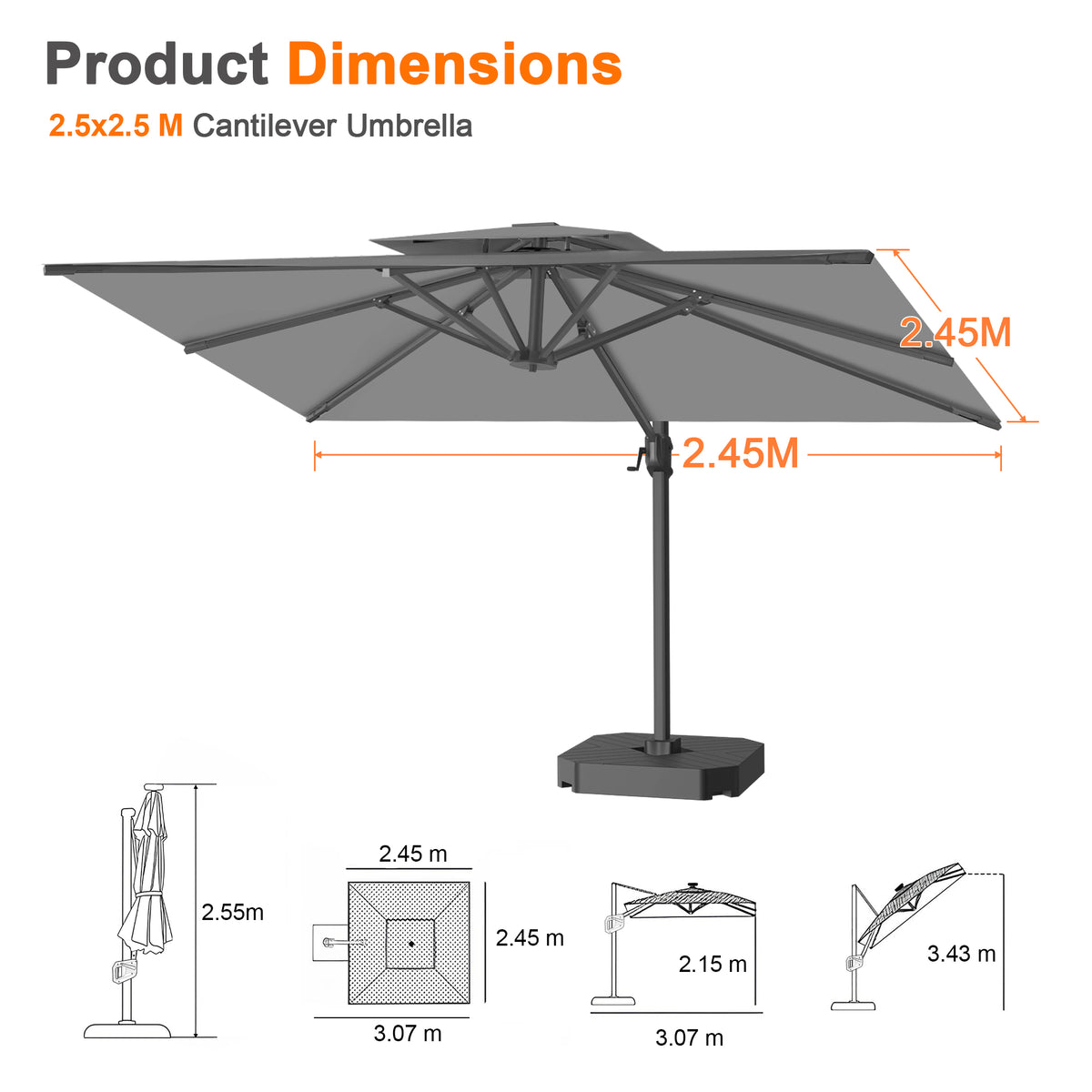 Patioslife Aegis Pro Cantilever Umbrella with Cross Base — Heavy-Duty Frame & Powder-Coated Aluminium Pole for Garden & Patio