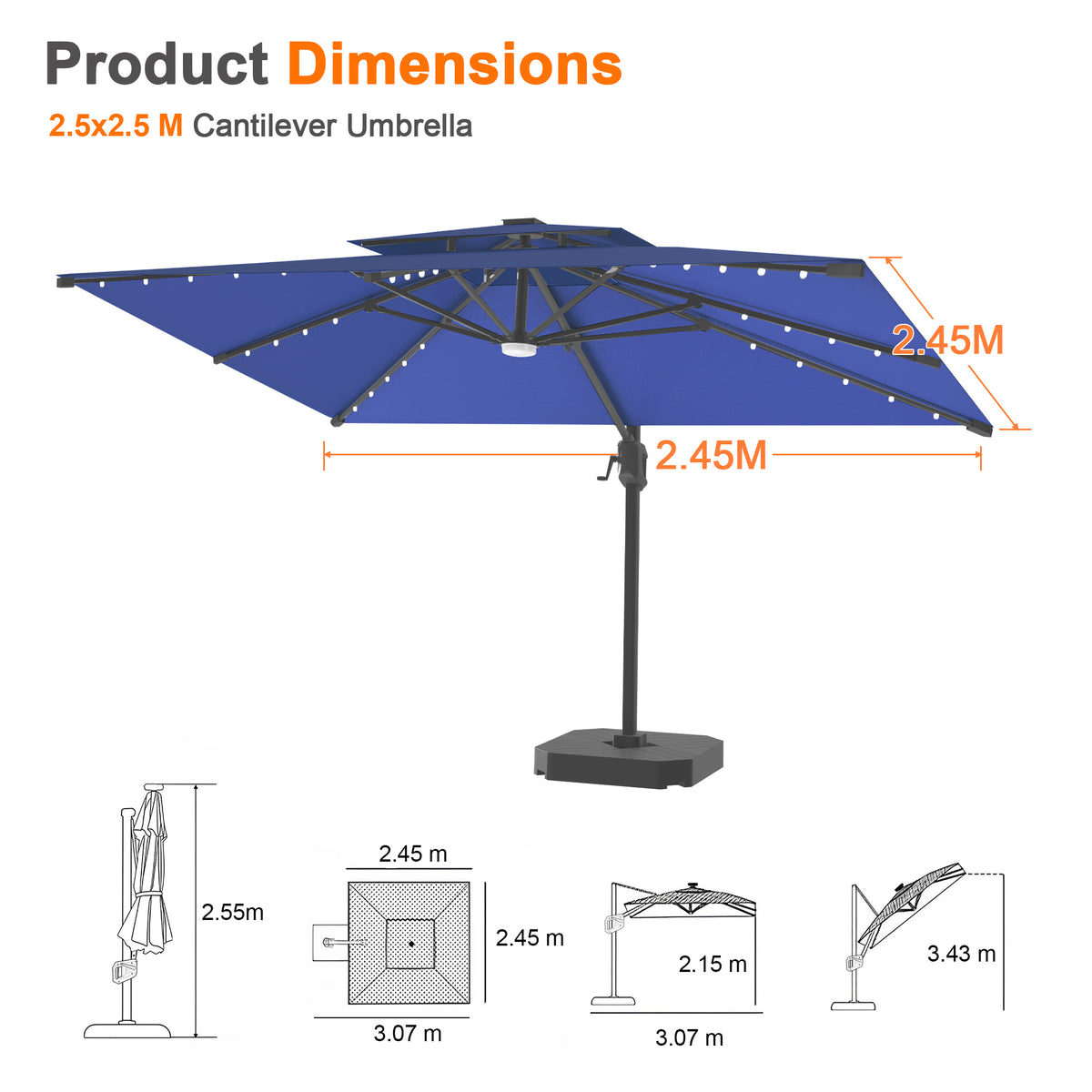 Patioslife Aegis Pro Cantilever Umbrella with LED Lights, Reinforced & Powder-Coated Aluminium Ribs and Pole — Perfect for Garden & Patio