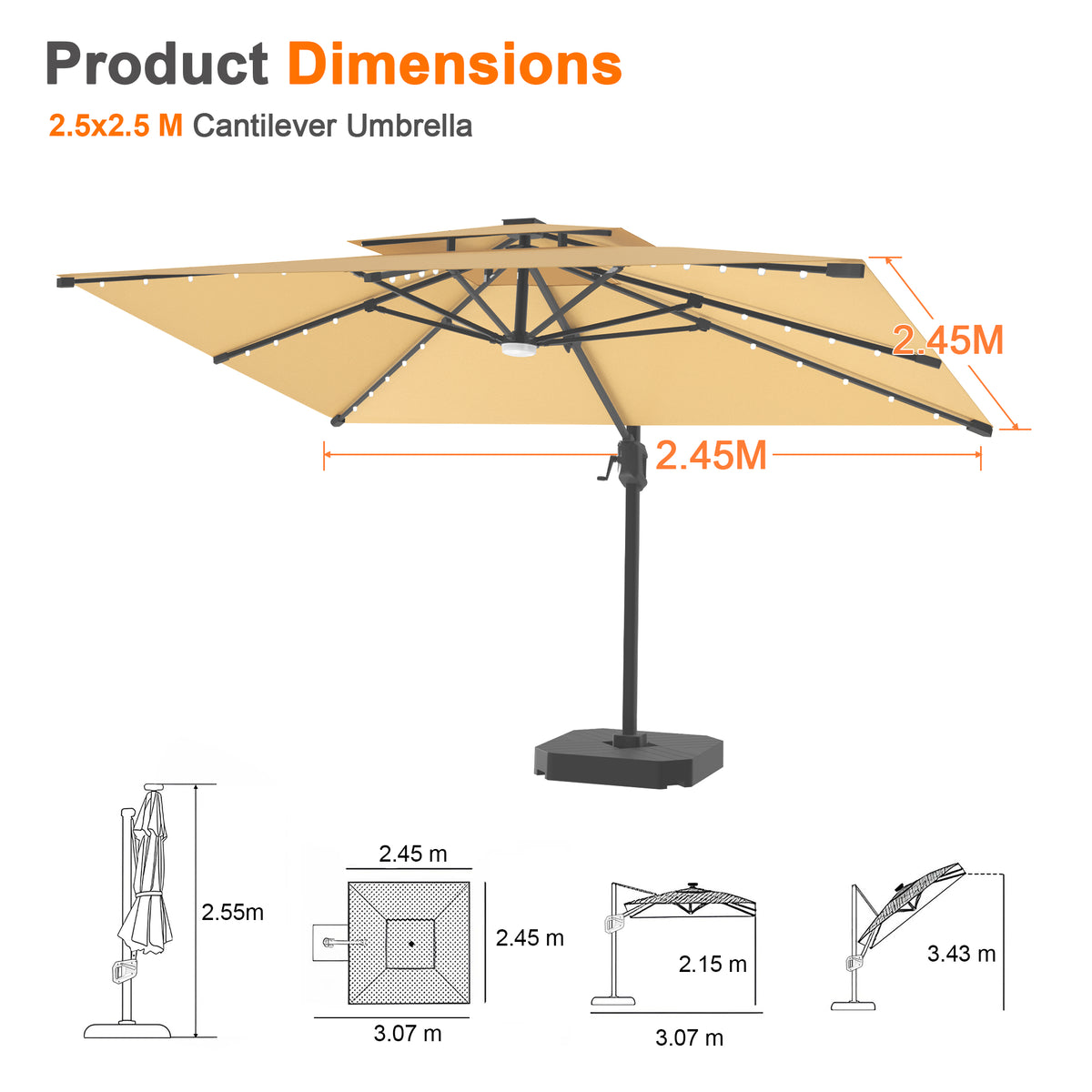 Patioslife Aegis Pro Cantilever Umbrella with LED Lights, Reinforced & Powder-Coated Aluminium Ribs and Pole — Perfect for Garden & Patio