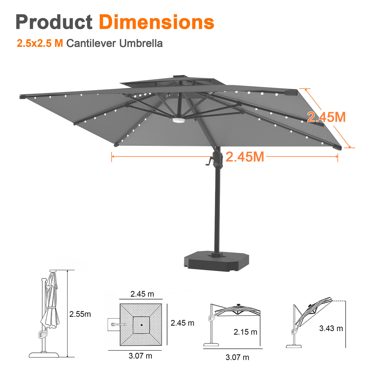 Patioslife Aegis Pro Cantilever Umbrella with LED Lights, Reinforced & Powder-Coated Aluminium Ribs and Pole — Perfect for Garden & Patio
