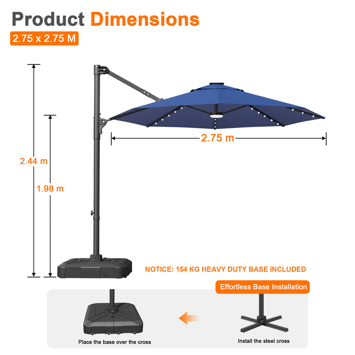 Patioslife Aegis Pro All-in-One Shade Round Cantilever Patio Umbrella with solar LED lights | Premium Cover | Large Base