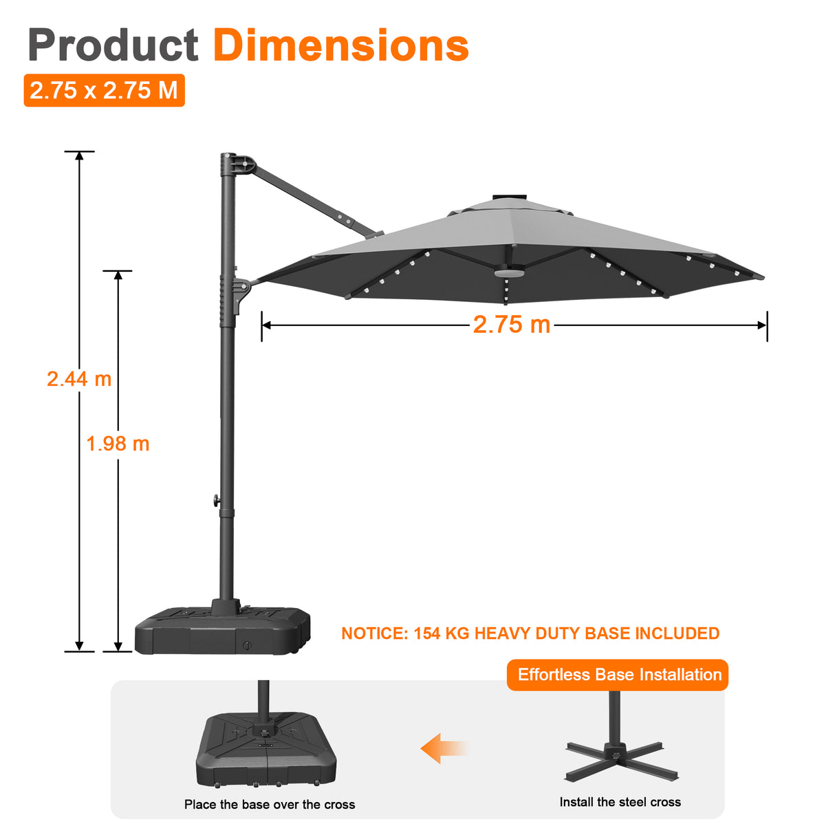 Patioslife Aegis Pro All-in-One Shade Round Cantilever Patio Umbrella with solar LED lights | Premium Cover | Large Base